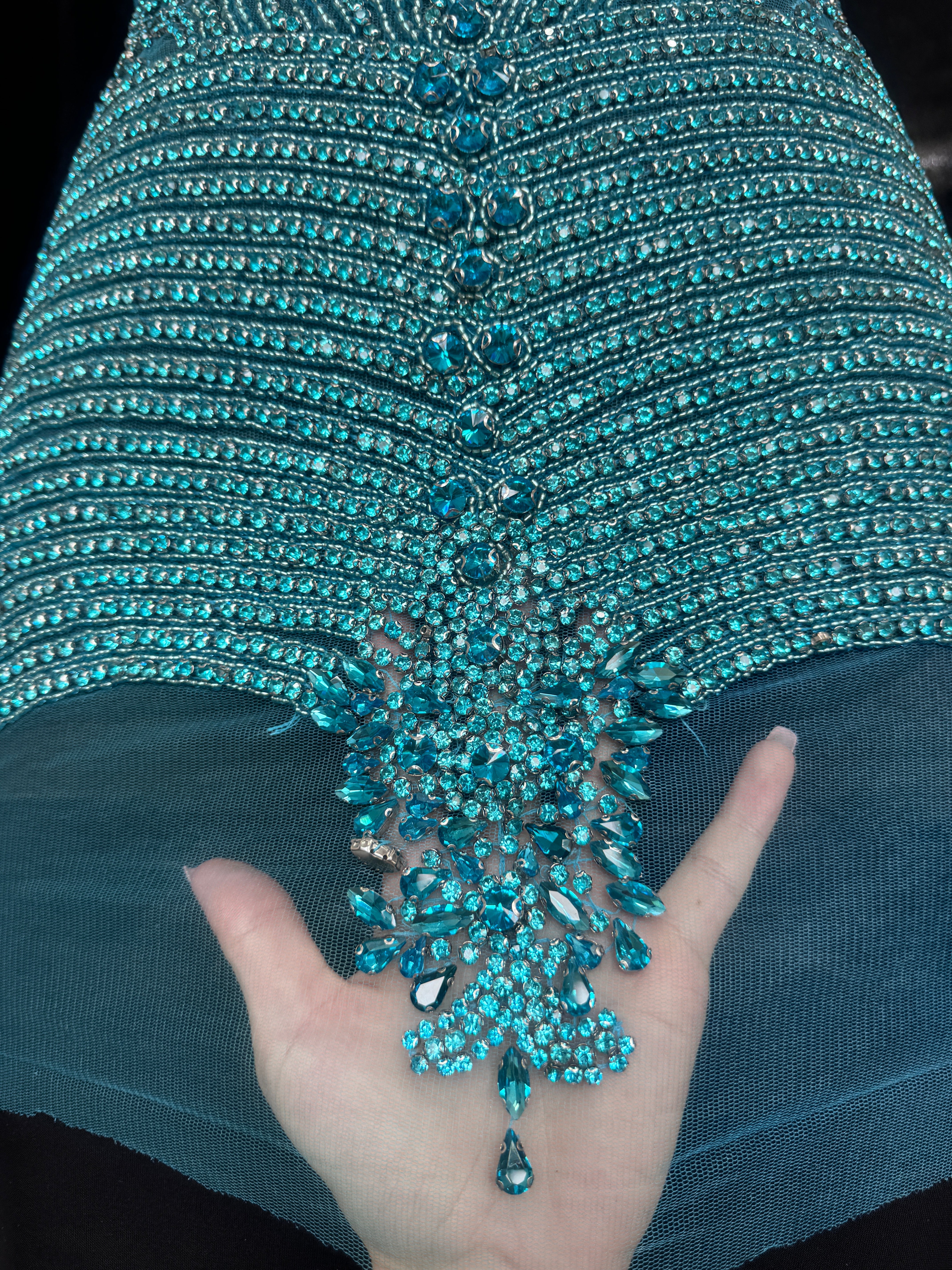 Lucy Turquoise Rhinestone Bodice Applique, Turquoise Rhinestones Applique, Embellished clothing, Rhinestone applications, Rhinestone embroidery, Rhinestone patch, Dress patch, Rhinestones for dress