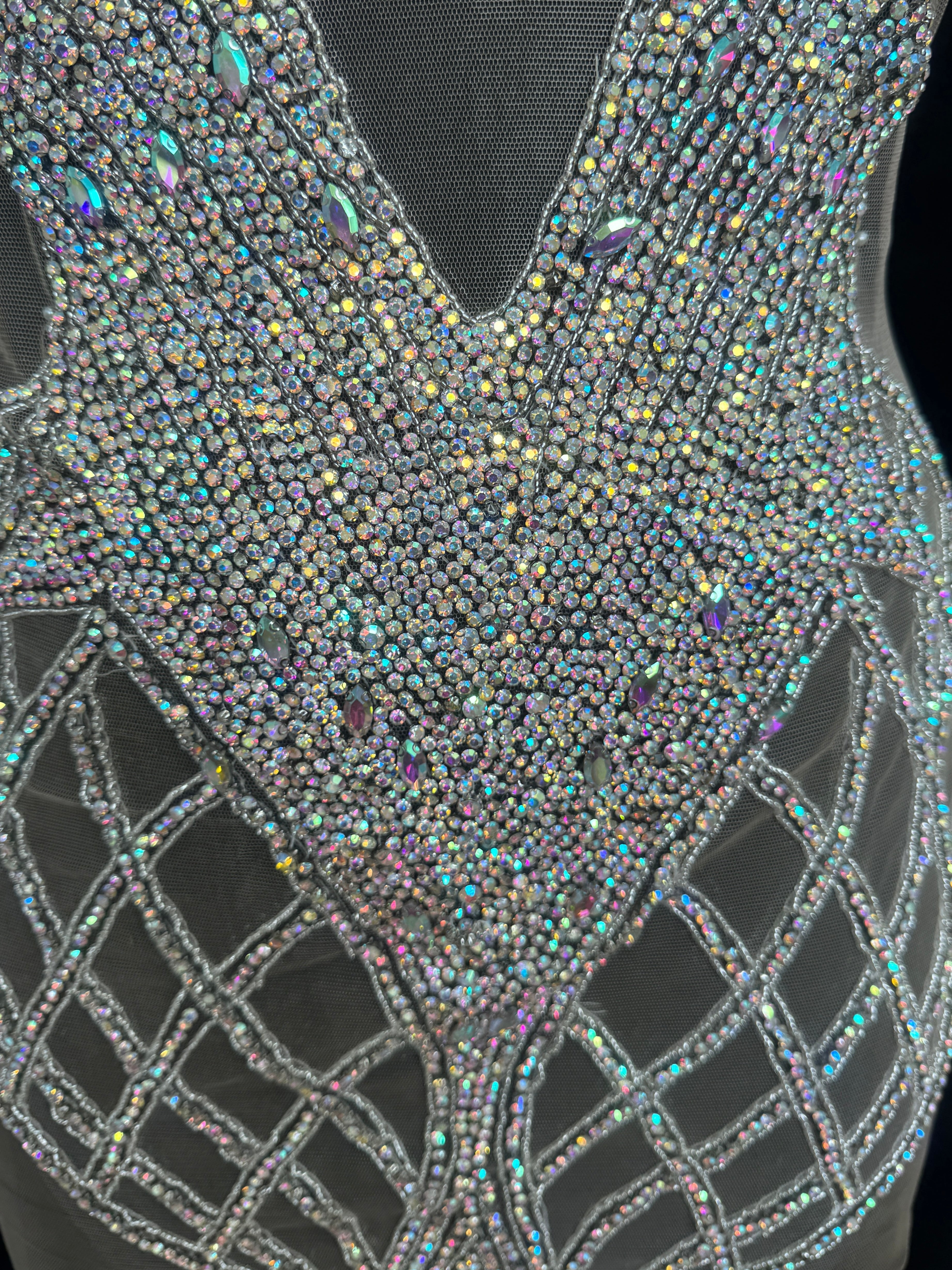 Susan Silver Iridescent Rhinestone Bodice Applique, shop fabrics online, sewing, fabric store, sewing store, cheap fabric store, kiki textiles, textile by the yard