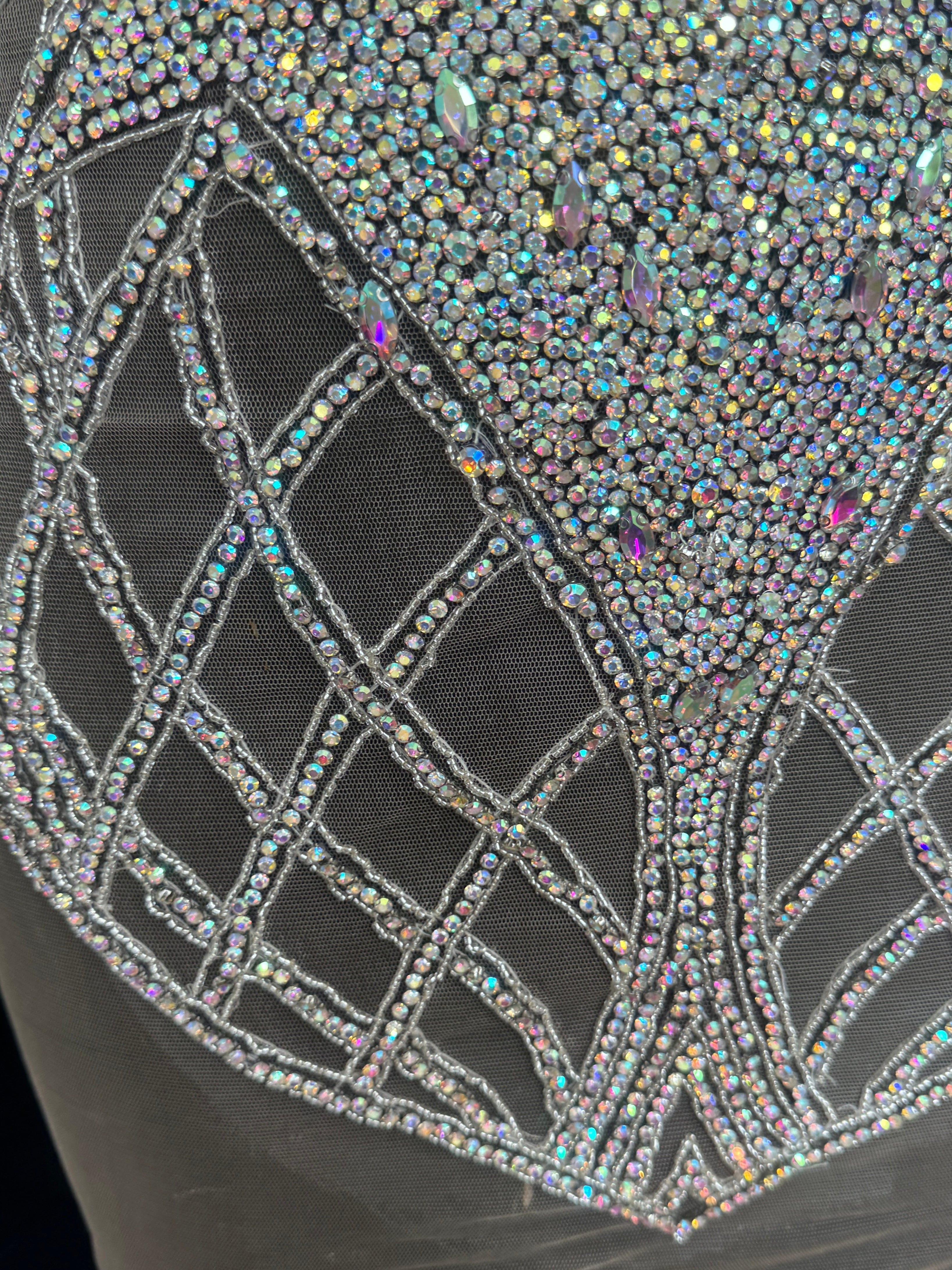 Susan Silver Iridescent Rhinestone Bodice Applique, shop fabrics online, sewing, fabric store, sewing store, cheap fabric store, kiki textiles, textile by the yard