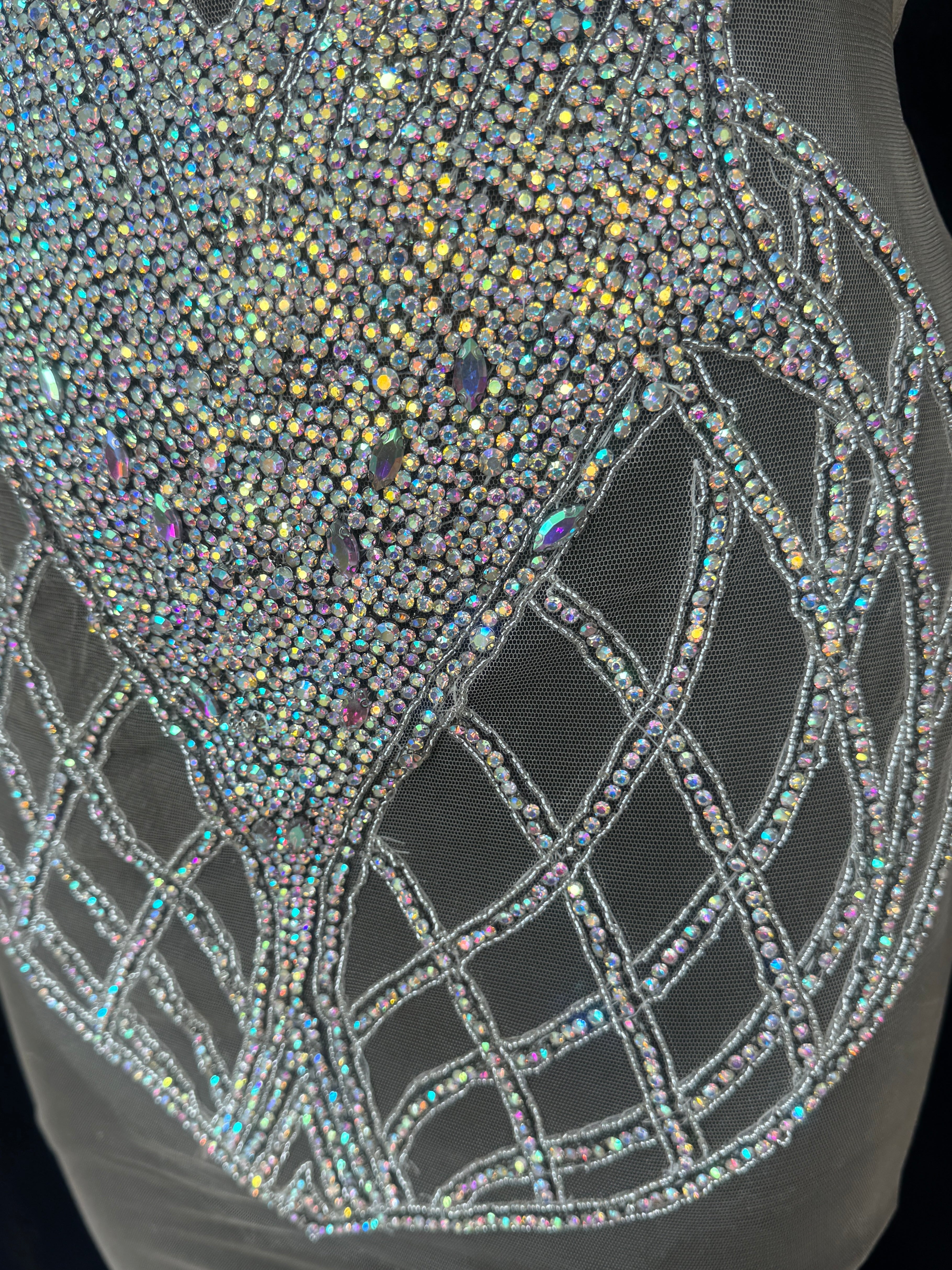 Susan Silver Iridescent Rhinestone Bodice Applique, shop fabrics online, sewing, fabric store, sewing store, cheap fabric store, kiki textiles, textile by the yard