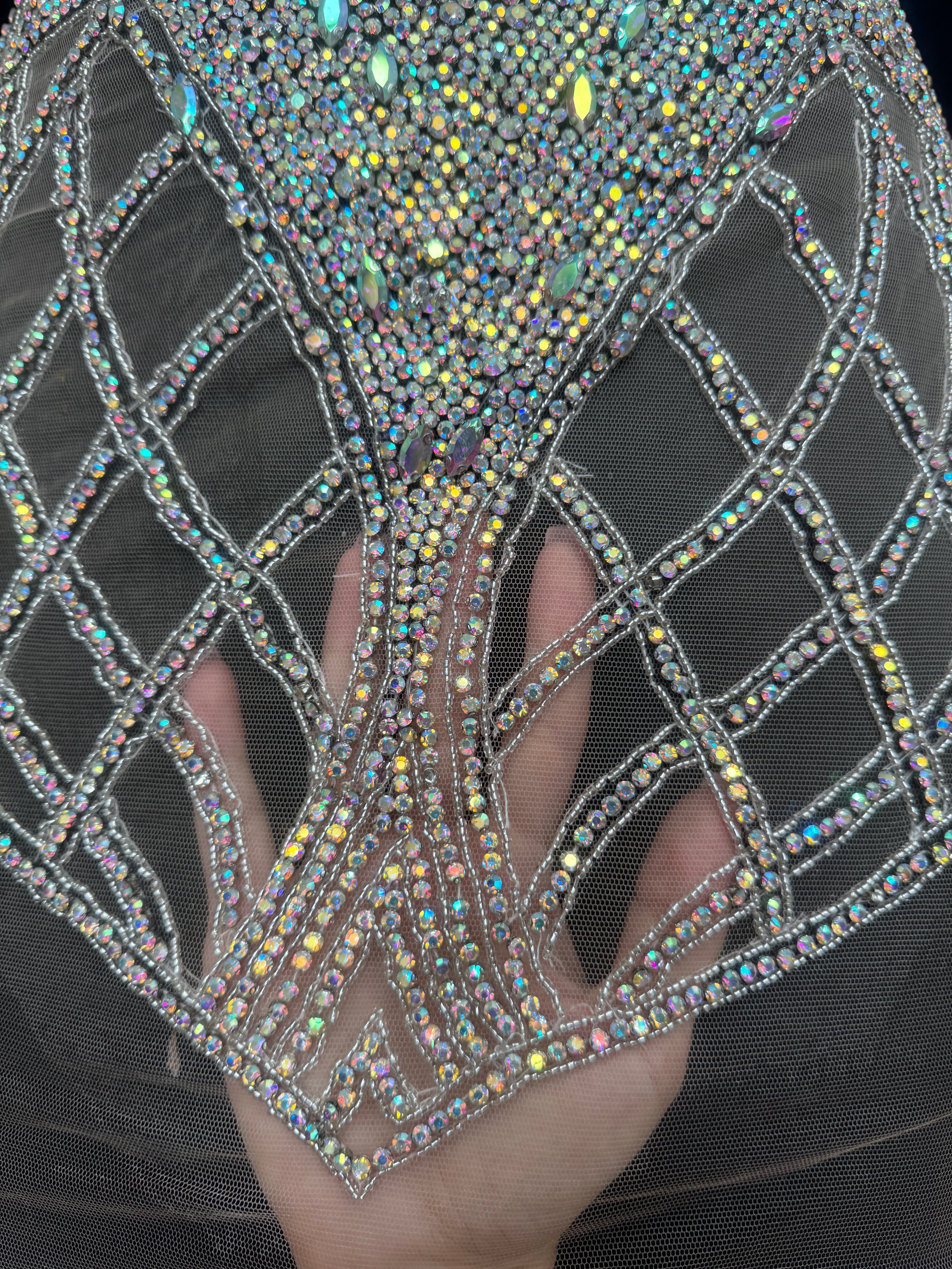 Susan Silver Iridescent Rhinestone Bodice Applique, Silver Rhinestones Applique, Embellished clothing, Rhinestone applications, Rhinestone embroidery, Rhinestone patch, Dress patch, Rhinestones for dress