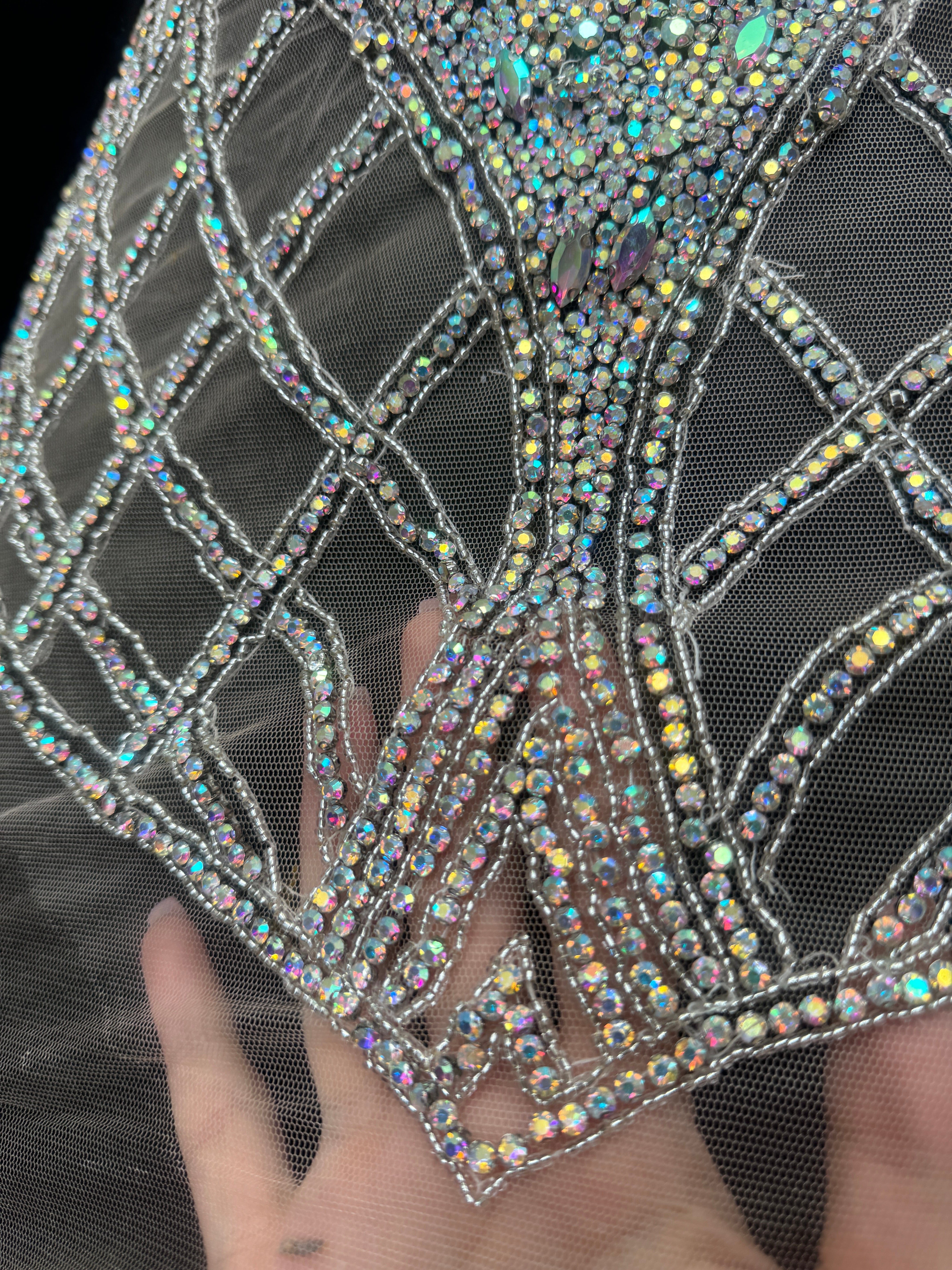 Susan Silver Iridescent Rhinestone Bodice Applique, shop fabrics online, sewing, fabric store, sewing store, cheap fabric store, kiki textiles, textile by the yard