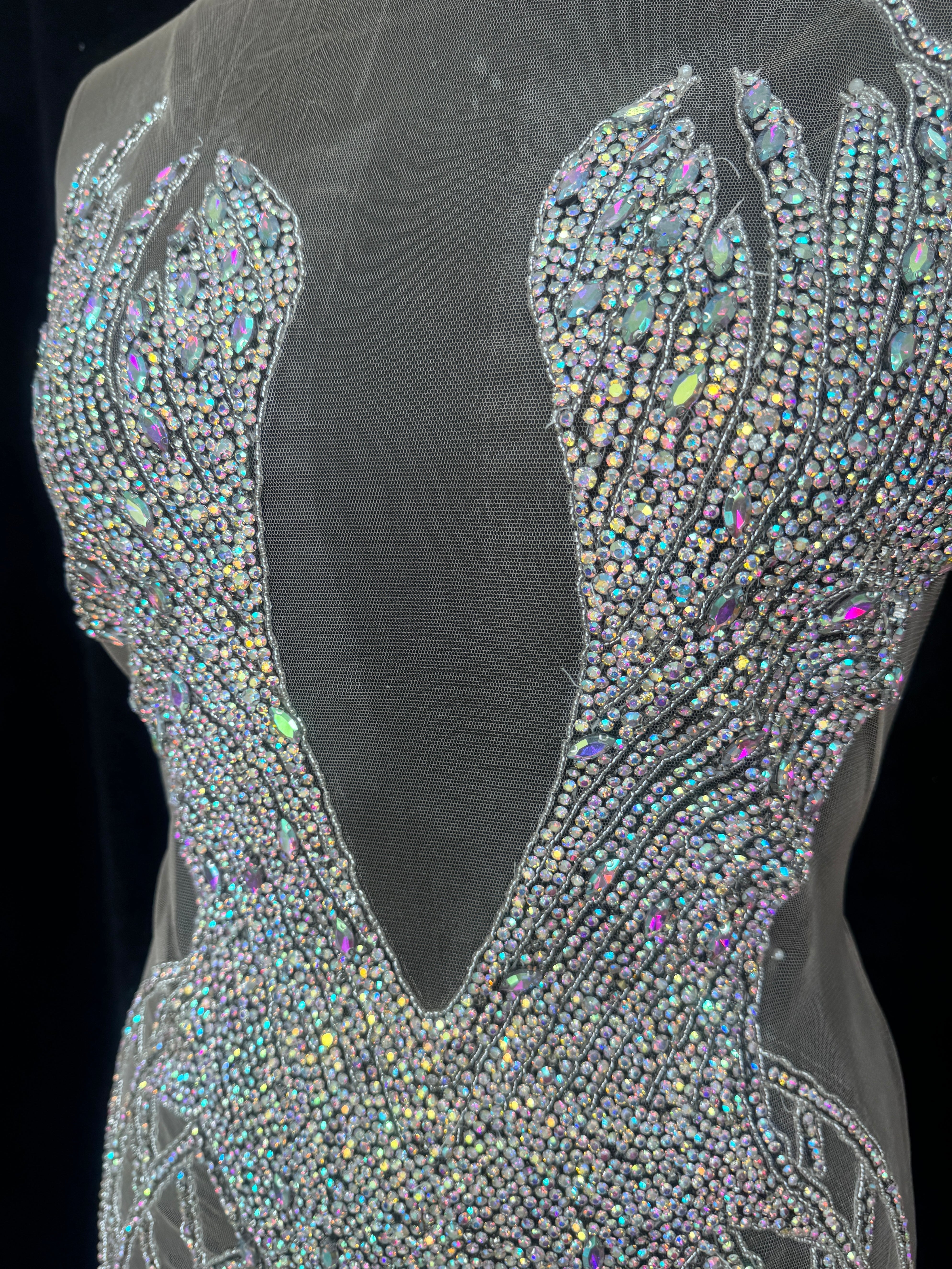 Susan Silver Iridescent Rhinestone Bodice Applique, shop fabrics online, sewing, fabric store, sewing store, cheap fabric store, kiki textiles, textile by the yard