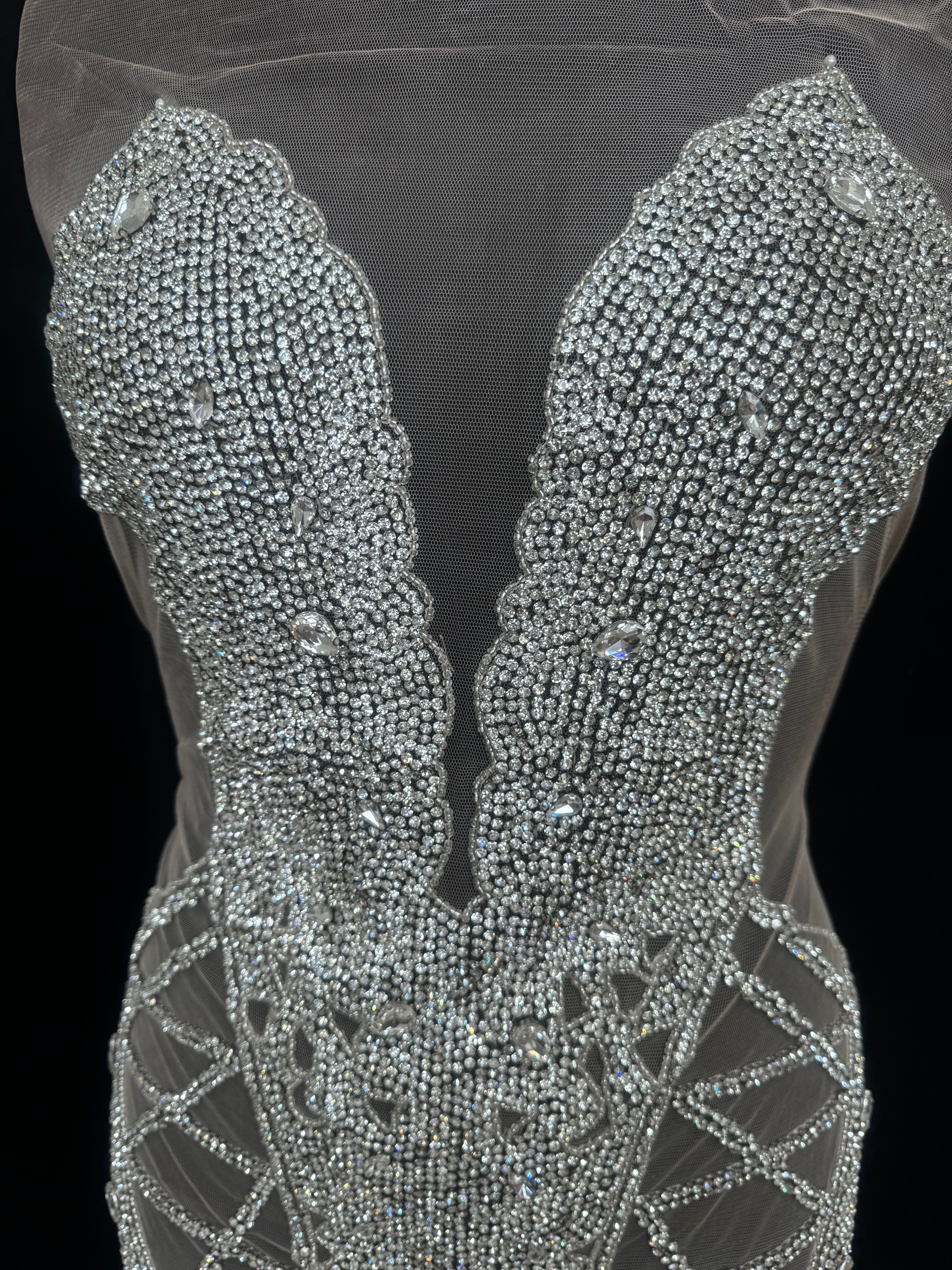 Shannon Silver Rhinestone Bodice Appliqué, Silver Rhinestones Applique, Embellished clothing, Rhinestone applications, Rhinestone embroidery, Rhinestone patch, Dress patch, Rhinestones for dress