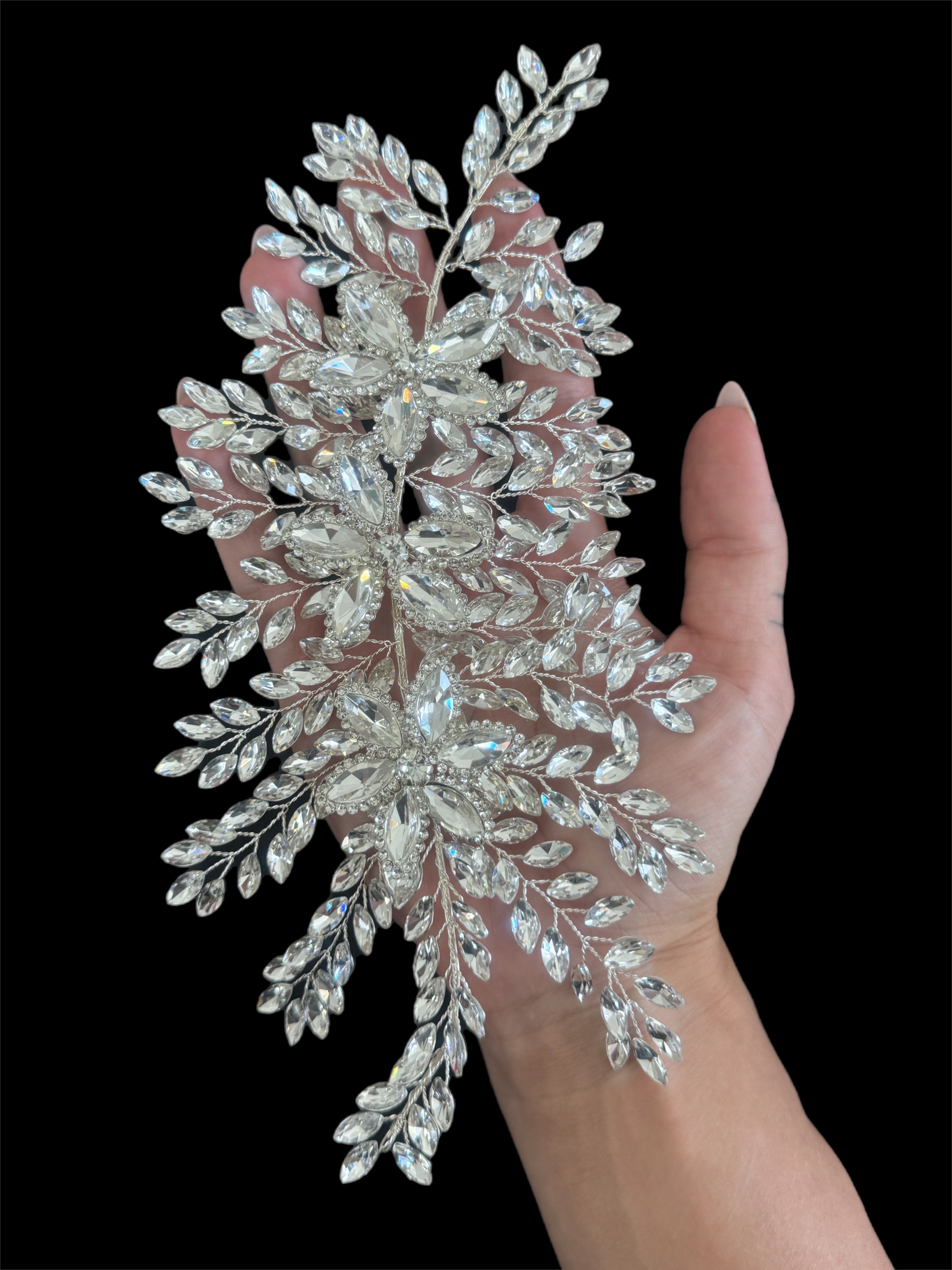 Louise Silver Bridal Leaves Rhinestone Applique, Silver Rhinestones Applique, Embellished clothing, Rhinestone applications, Rhinestone embroidery, Rhinestone patch, Dress patch, Rhinestones for dress