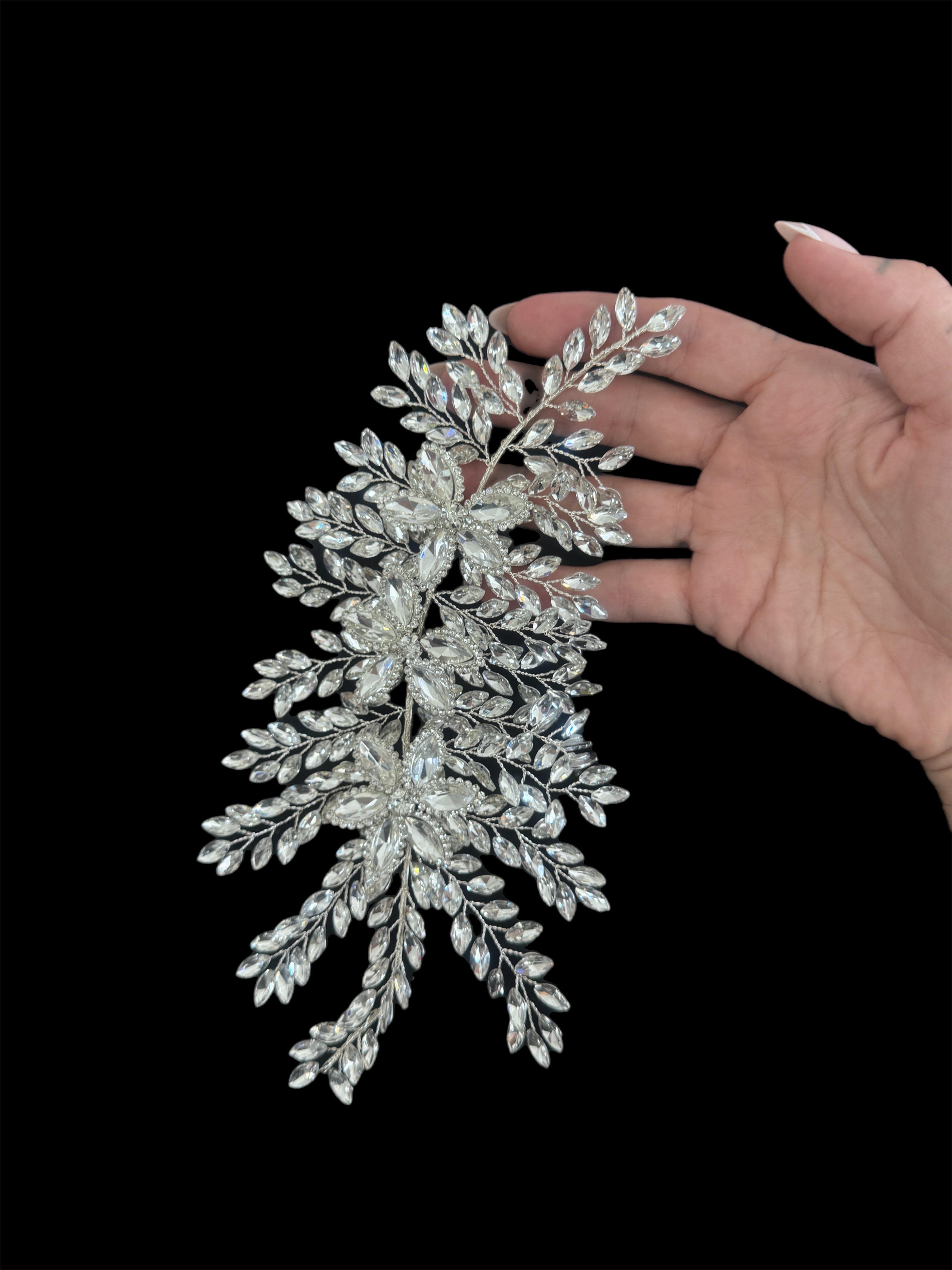 Louise Silver Bridal Leaves Rhinestone Applique, Silver Rhinestones Applique, Embellished clothing, Rhinestone applications, Rhinestone embroidery, Rhinestone patch, Dress patch, Rhinestones for dress