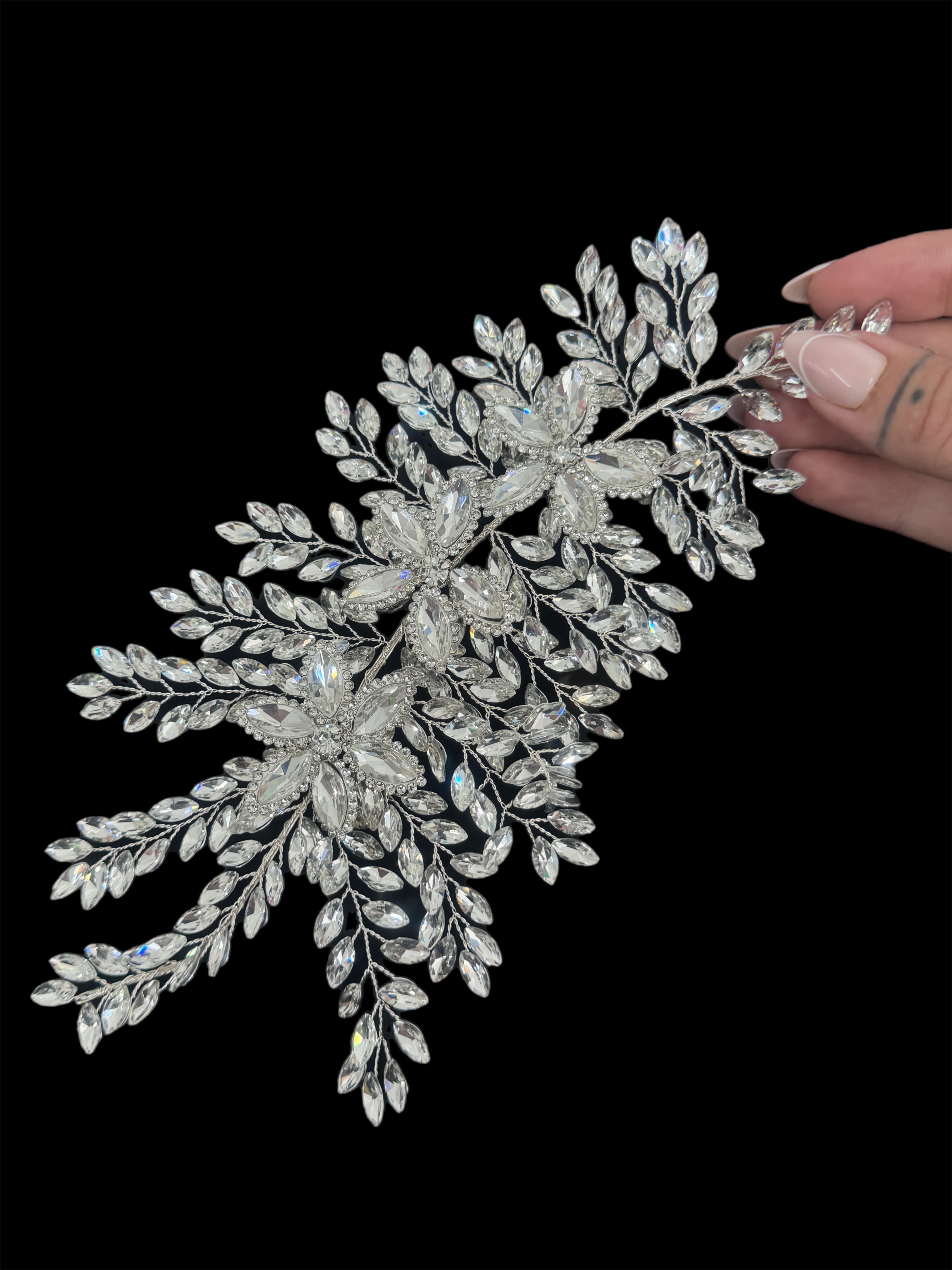 Louise Silver Bridal Leaves Rhinestone Applique, Silver Rhinestones Applique, Embellished clothing, Rhinestone applications, Rhinestone embroidery, Rhinestone patch, Dress patch, Rhinestones for dress
