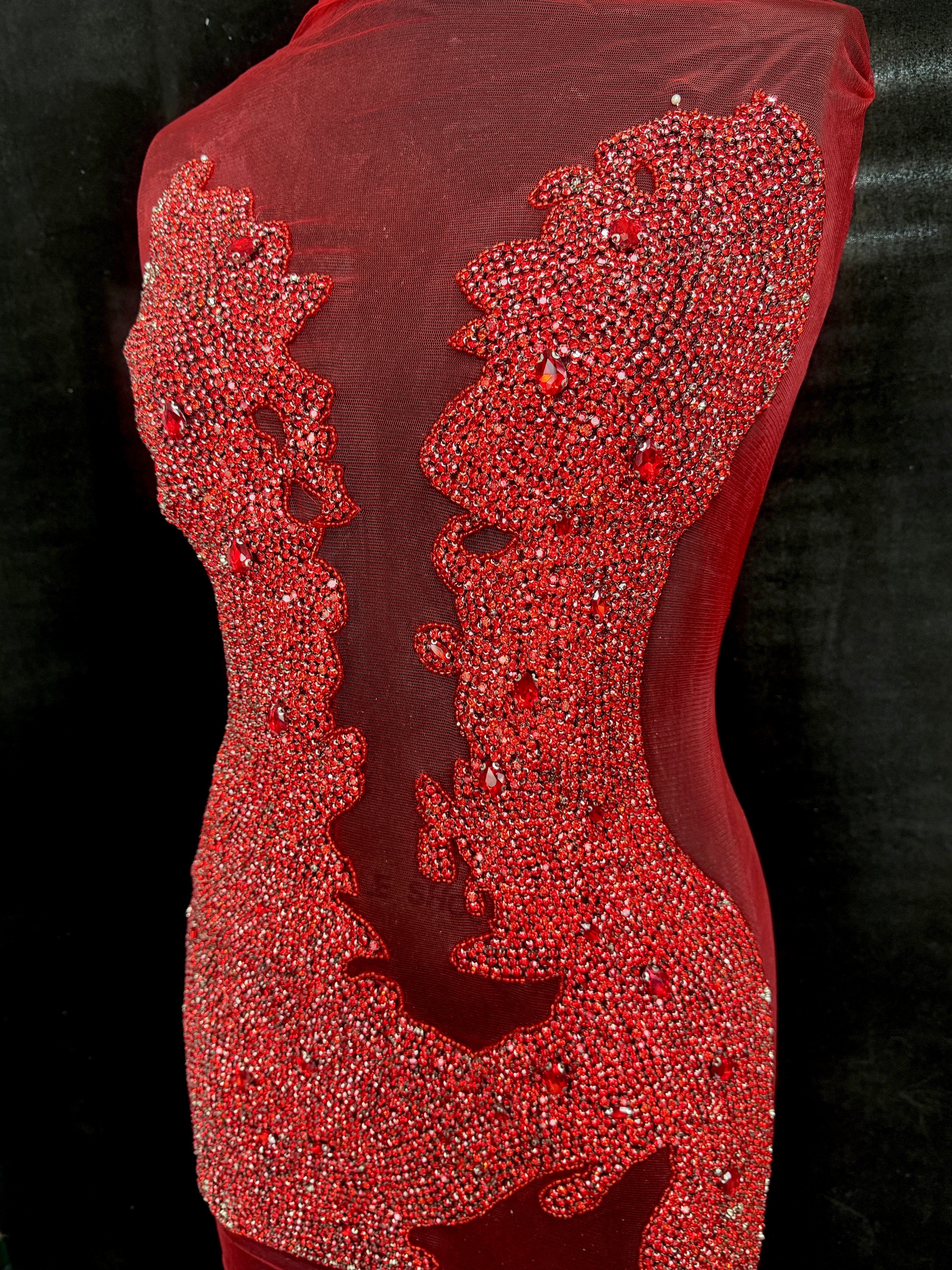 Maddy Red Rhinestone Bodice Appliqué, Silver Rhinestones Applique, Embellished clothing, Rhinestone applications, Rhinestone embroidery, Rhinestone patch, Dress patch, Rhinestones for dress