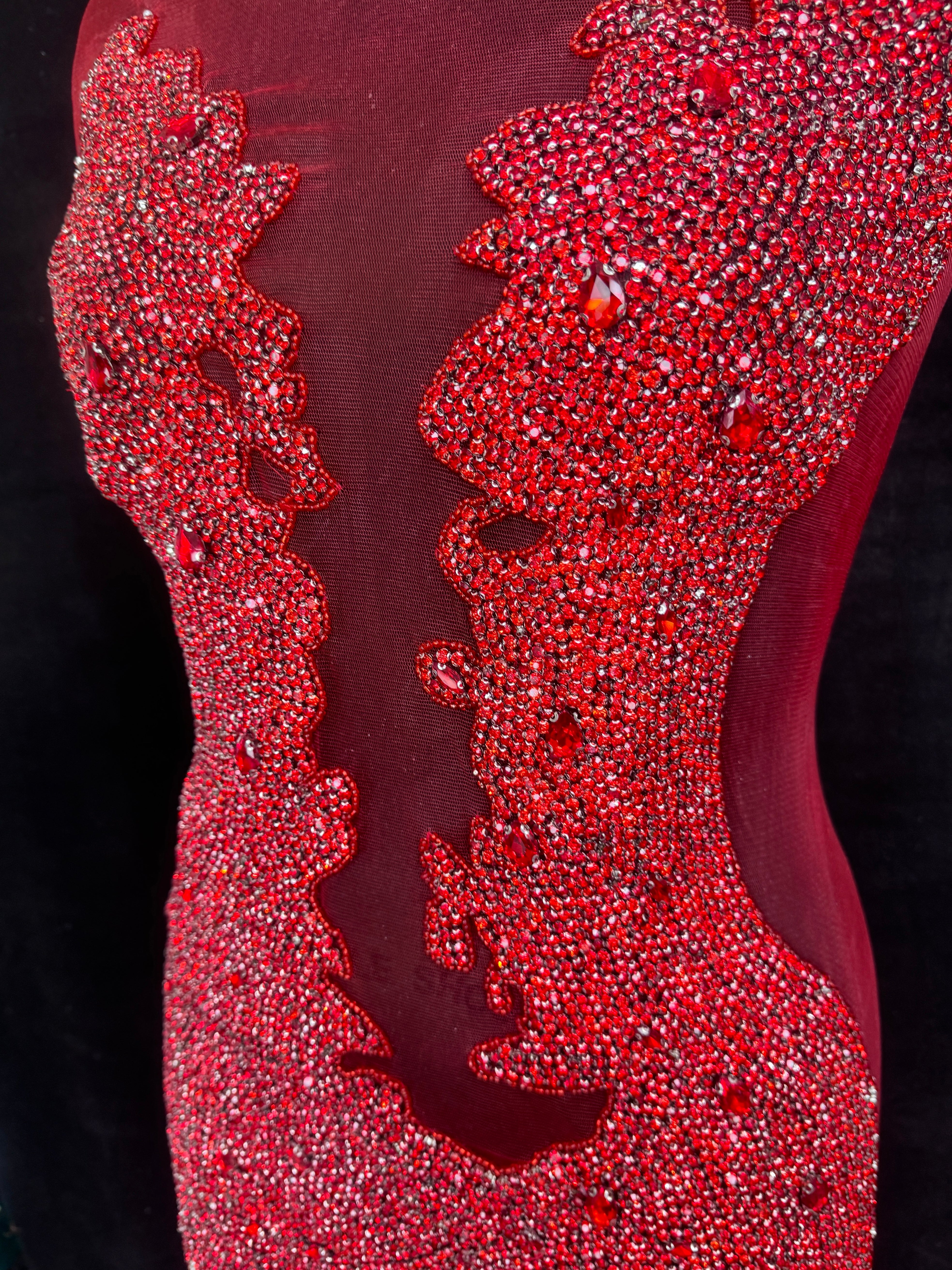 Maddy Red Rhinestone Bodice Appliqué, Silver Rhinestones Applique, Embellished clothing, Rhinestone applications, Rhinestone embroidery, Rhinestone patch, Dress patch, Rhinestones for dress