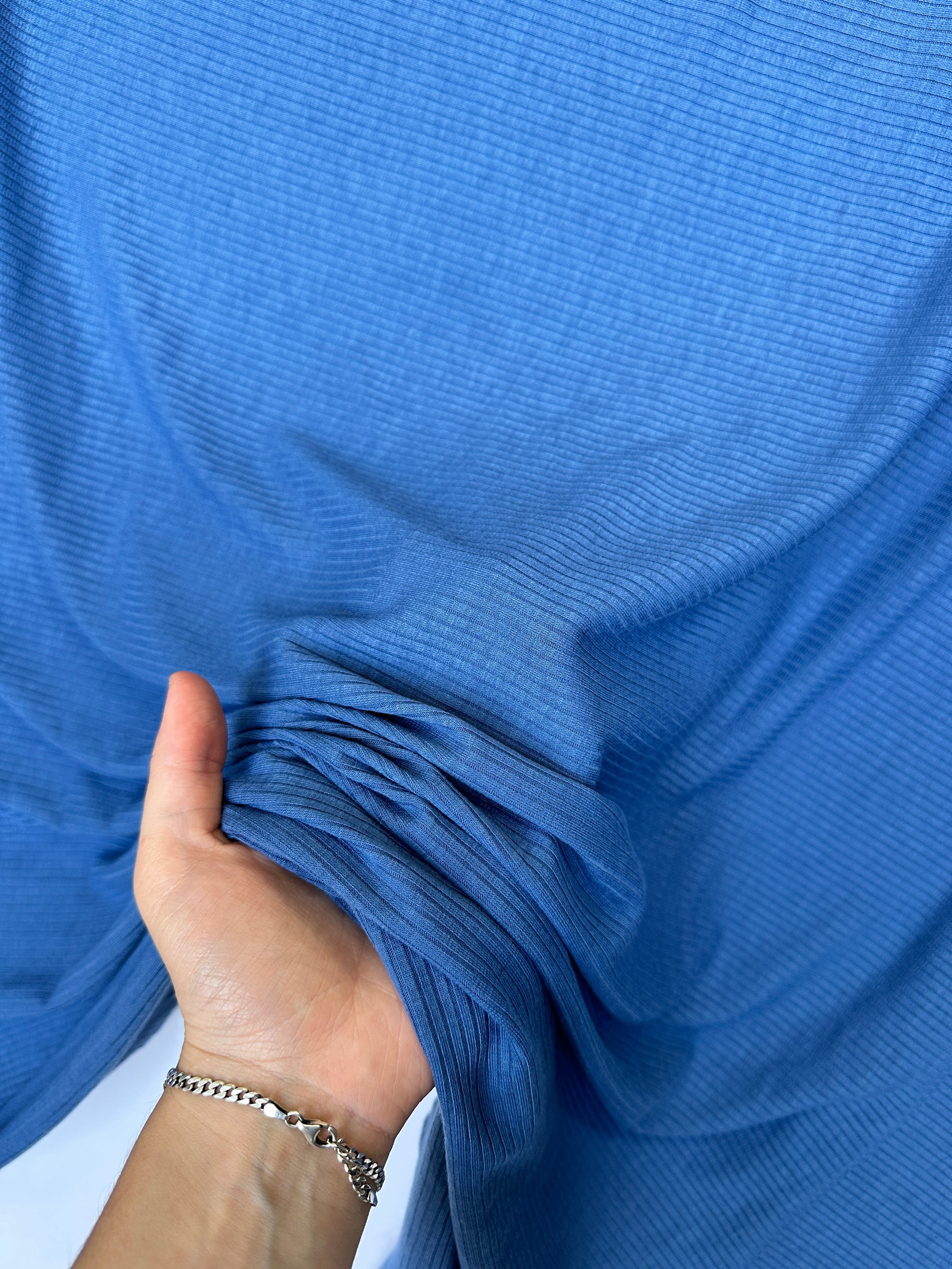 Denim Blue Solid Rib Knit, Jersey Knit, 4 Way Stretch Fabric, Chunky Knit, Knit Fabric by the Yard, Spandex Fabric, Textured Knit