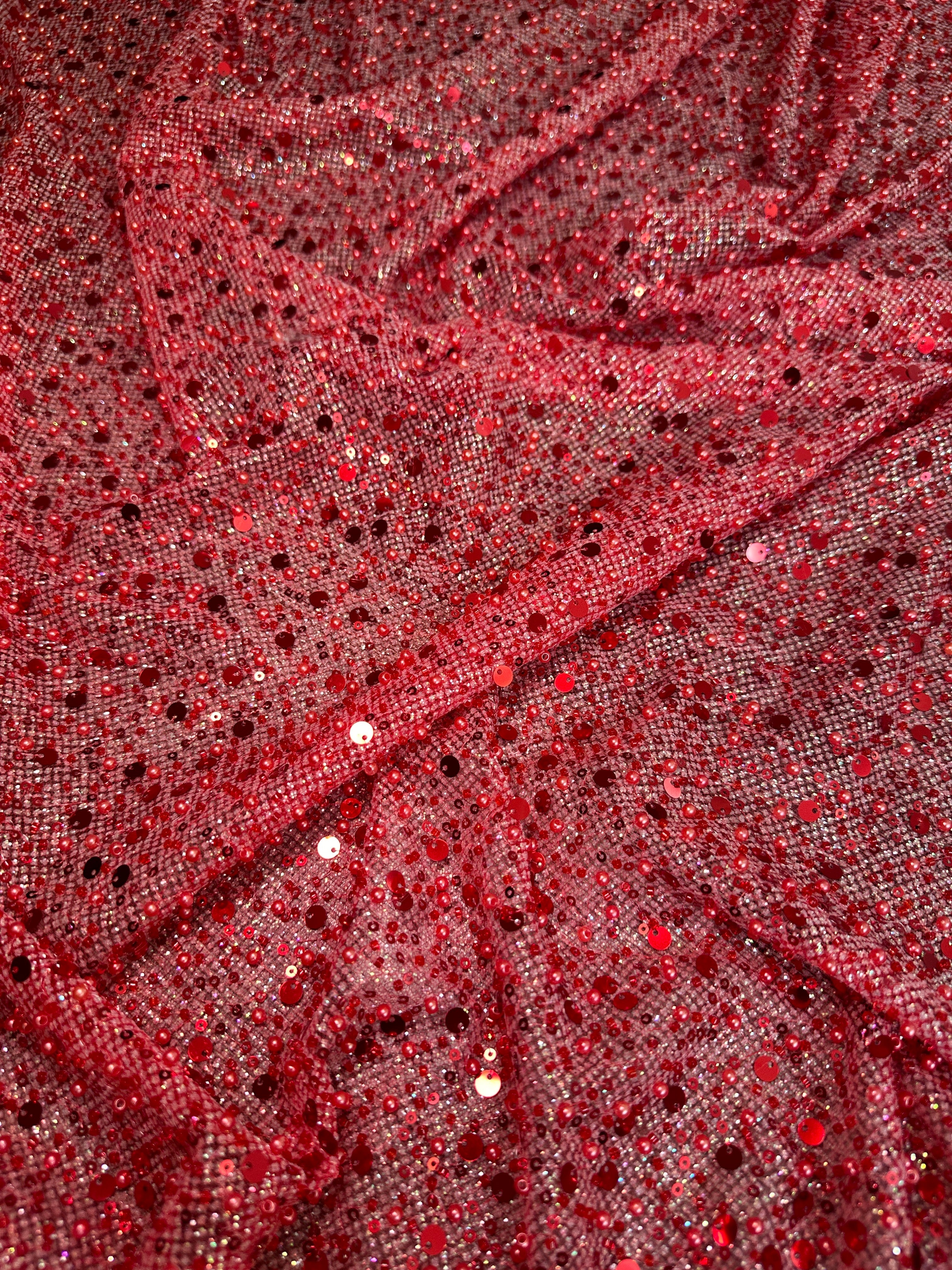 Red Sequin Pearl Beaded Mesh, Sequin on mesh, Pearl Beaded Mesh, beaded sequin on mesh, pearl beaded fabric, shimmering sequins