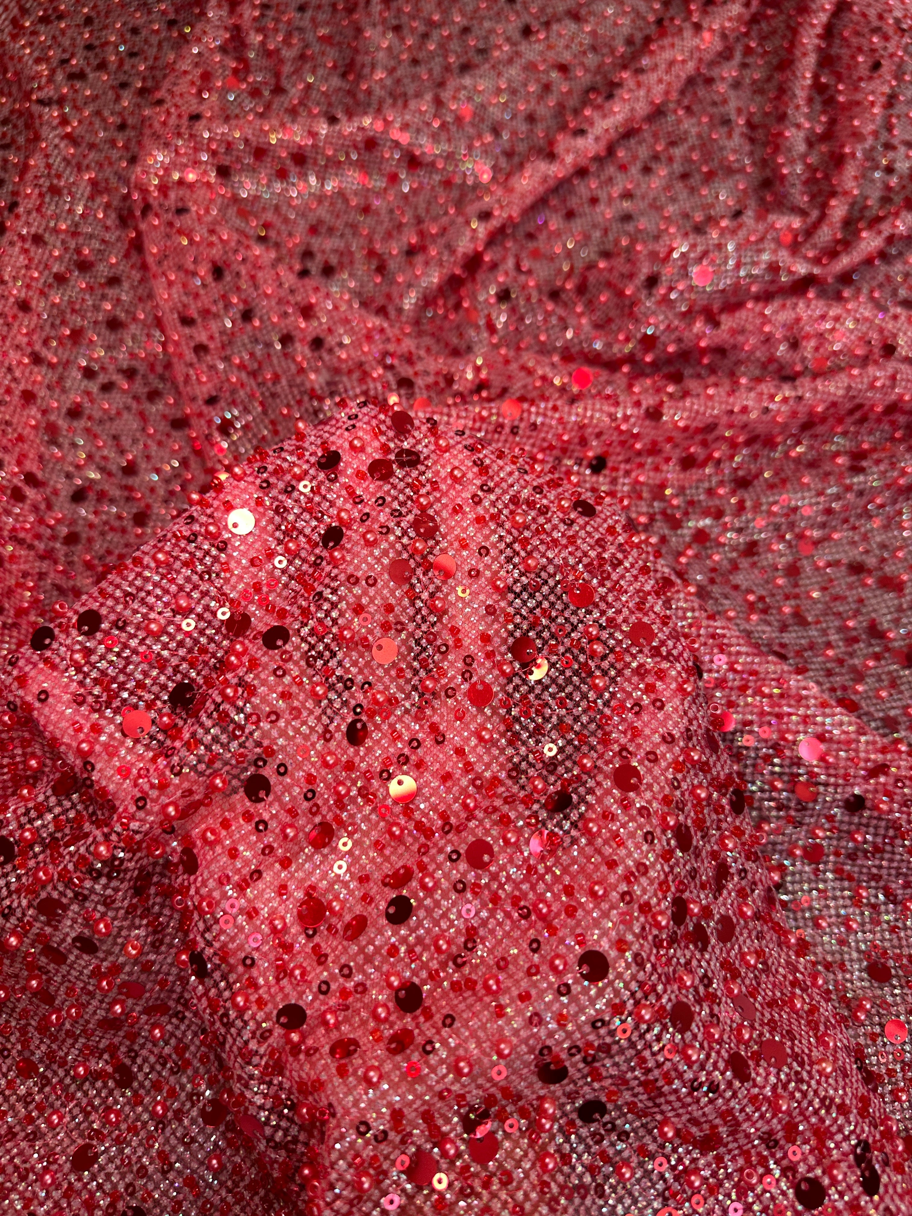 Red Sequin Pearl Beaded Mesh, Sequin on mesh, Pearl Beaded Mesh, beaded sequin on mesh, pearl beaded fabric, shimmering sequins
