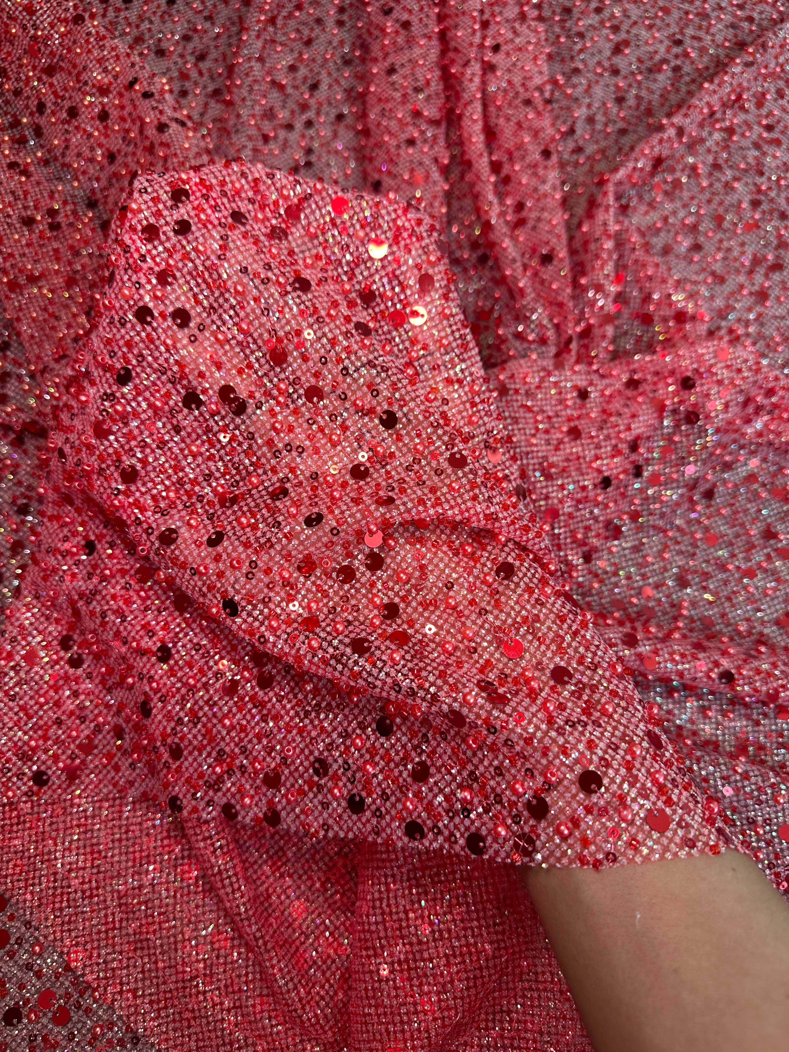 Red Sequin Pearl Beaded Mesh, Fabric Store, Sewing Store, Cheap Fabric Store, Kiki Textiles, Textile by the Yard