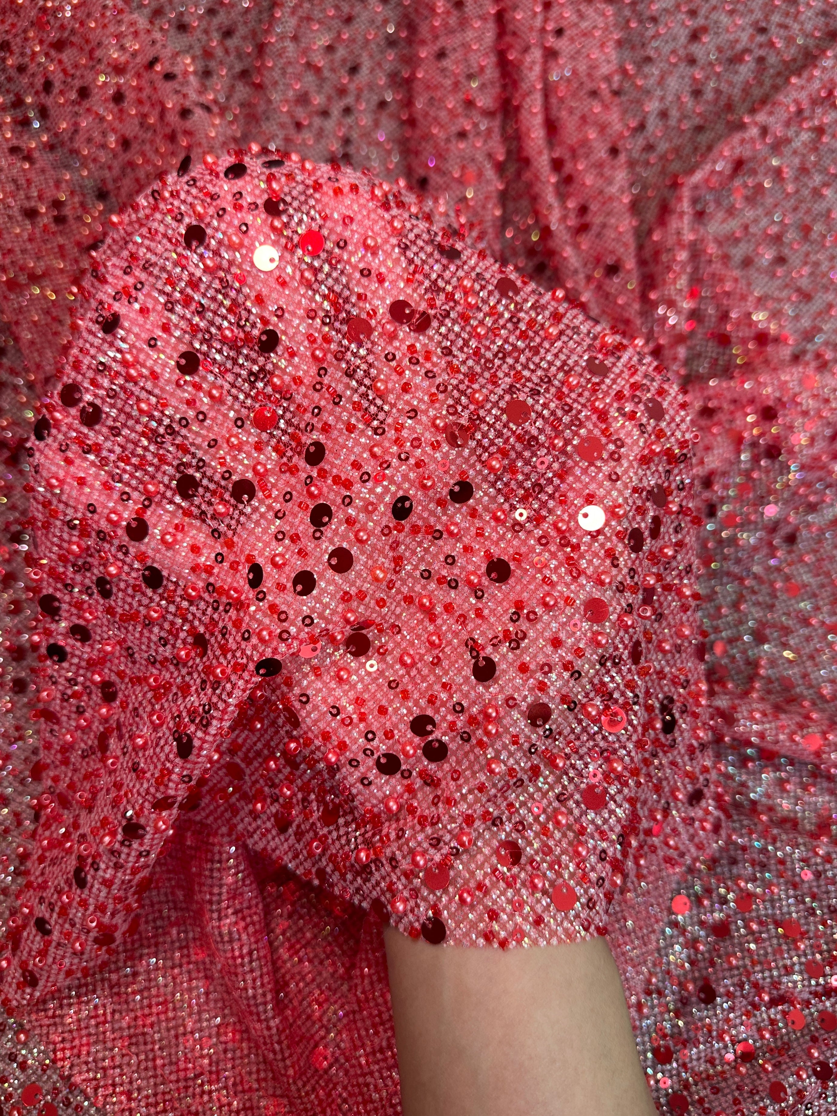Red Sequin Pearl Beaded Mesh, Fabric Store, Sewing Store, Cheap Fabric Store, Kiki Textiles, Textile by the Yard
