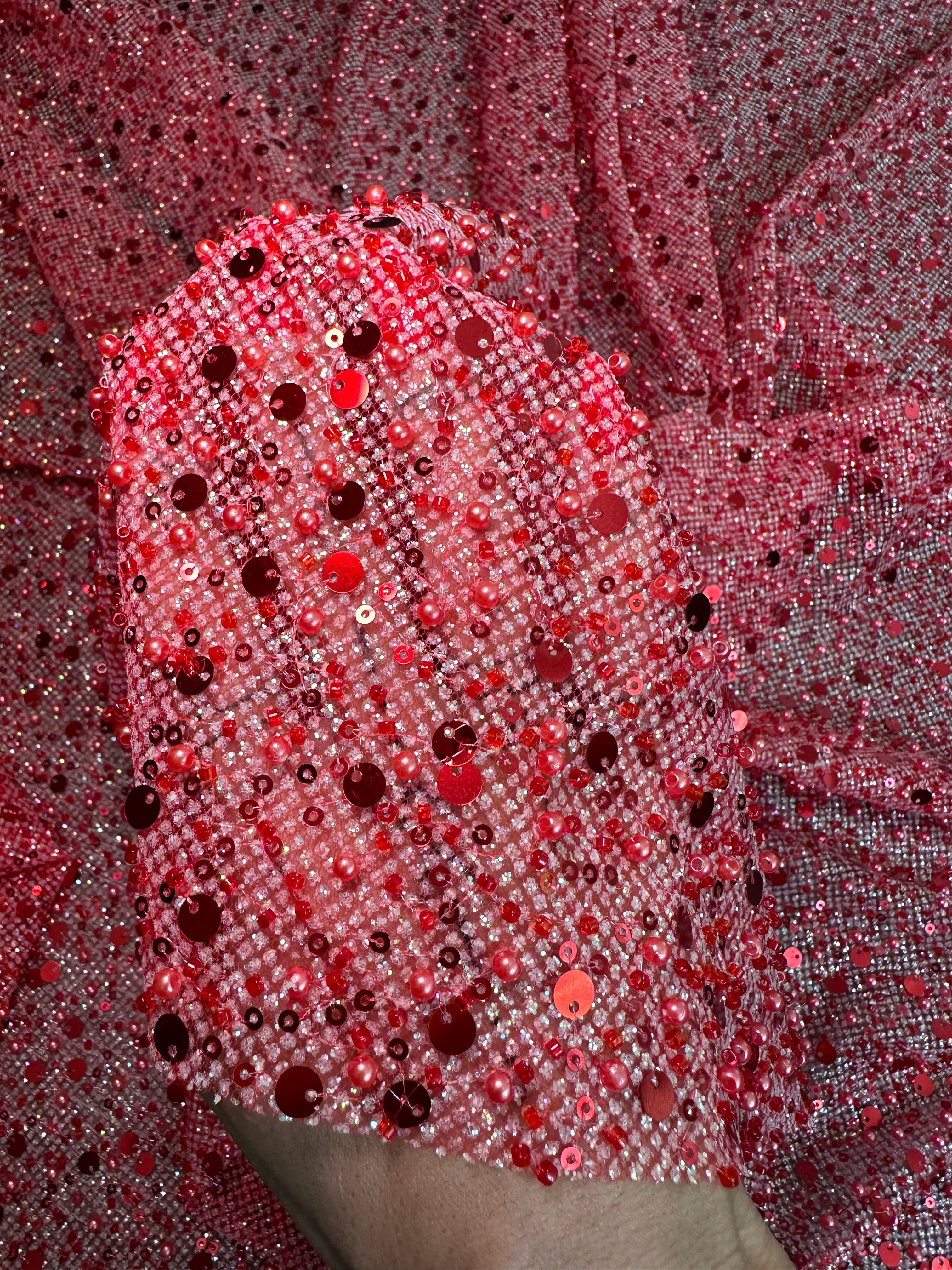 Red Sequin Pearl Beaded Mesh, Sequin on mesh, Pearl Beaded Mesh, beaded sequin on mesh, pearl beaded fabric, shimmering sequins