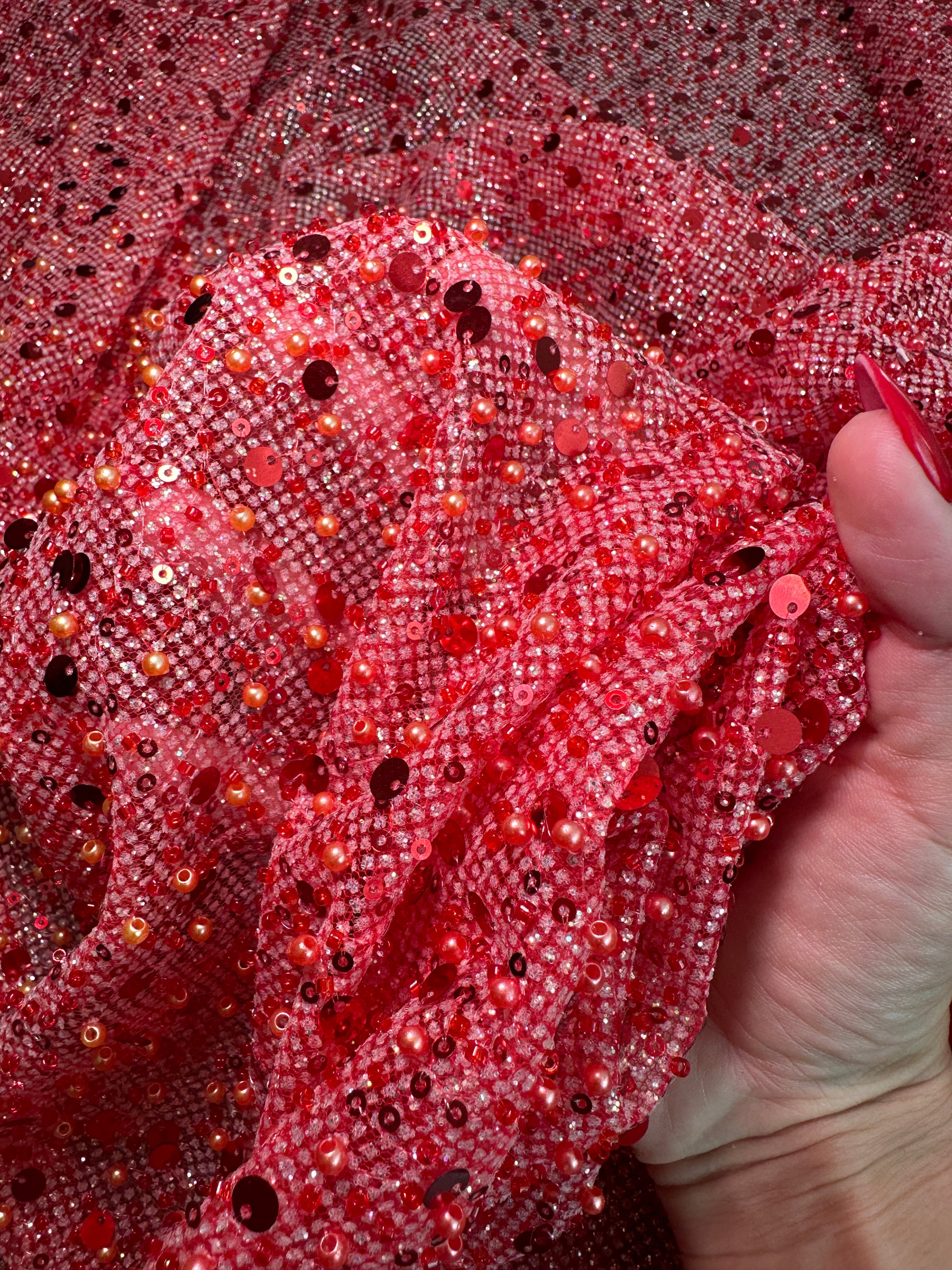 Red Sequin Pearl Beaded Mesh, Fabric Store, Sewing Store, Cheap Fabric Store, Kiki Textiles, Textile by the Yard