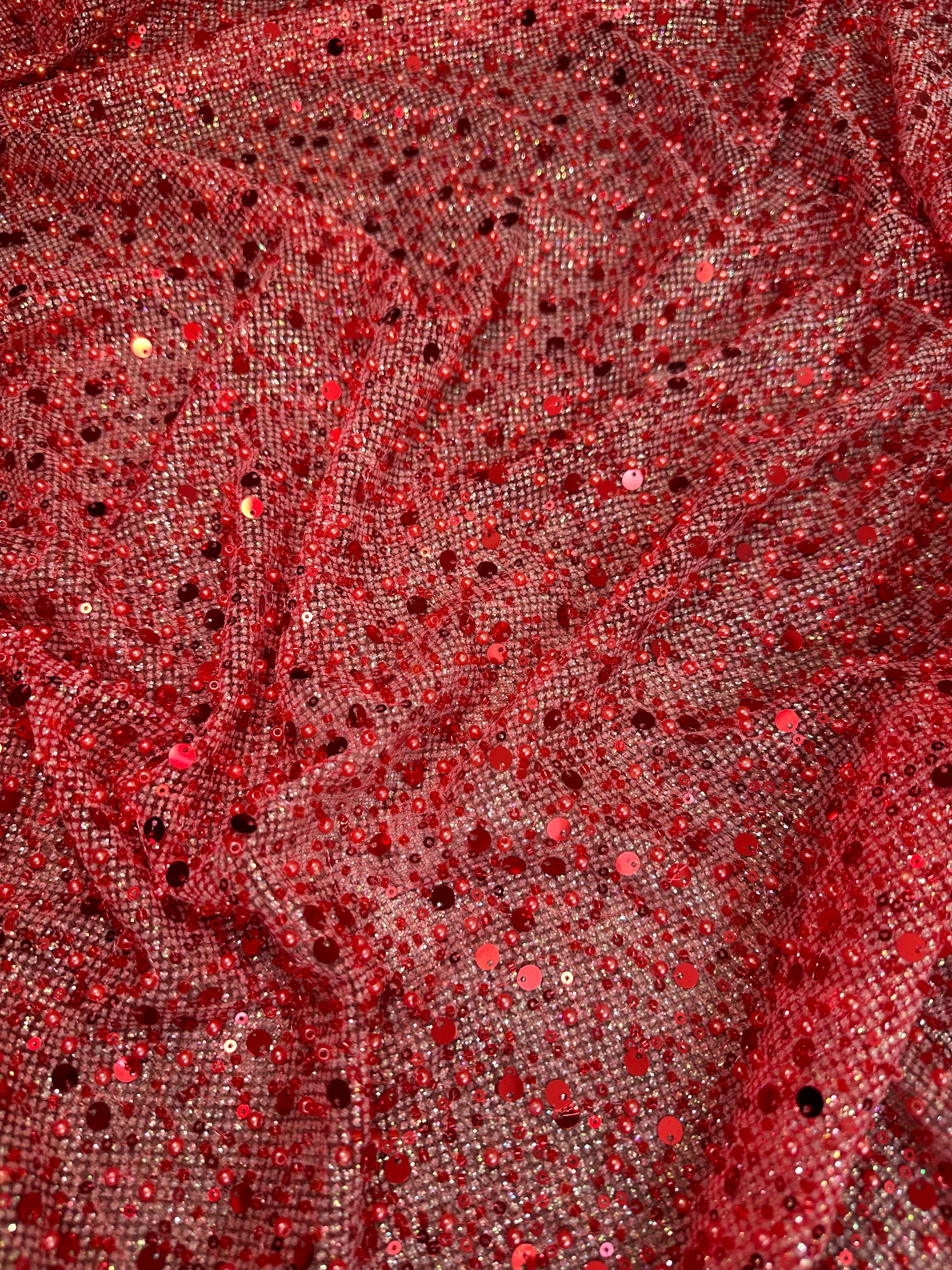 Red Sequin Pearl Beaded Mesh, Sequin on mesh, Pearl Beaded Mesh, beaded sequin on mesh, pearl beaded fabric, shimmering sequins