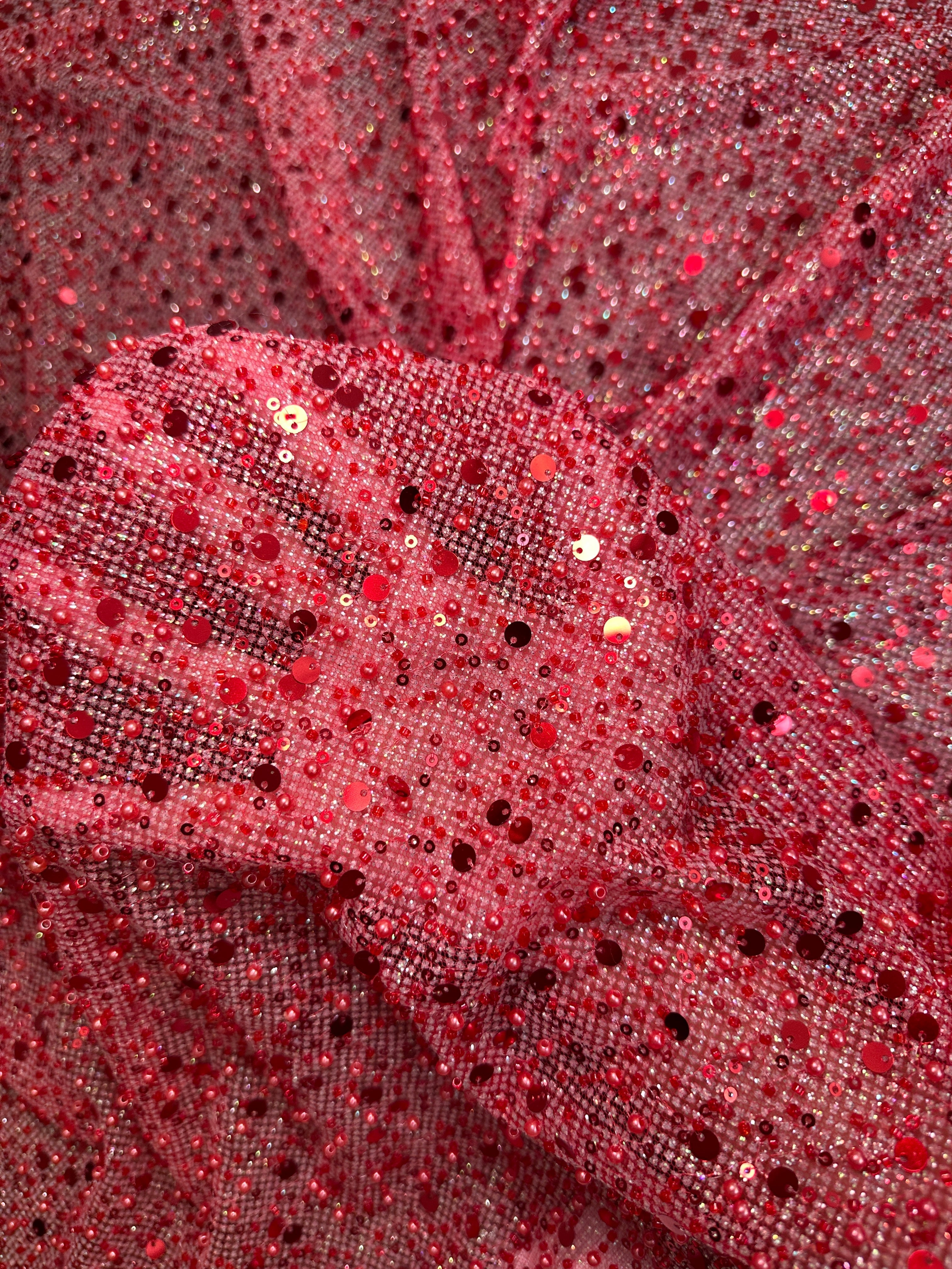 Red Sequin Pearl Beaded Mesh, Fabric Store, Sewing Store, Cheap Fabric Store, Kiki Textiles, Textile by the Yard