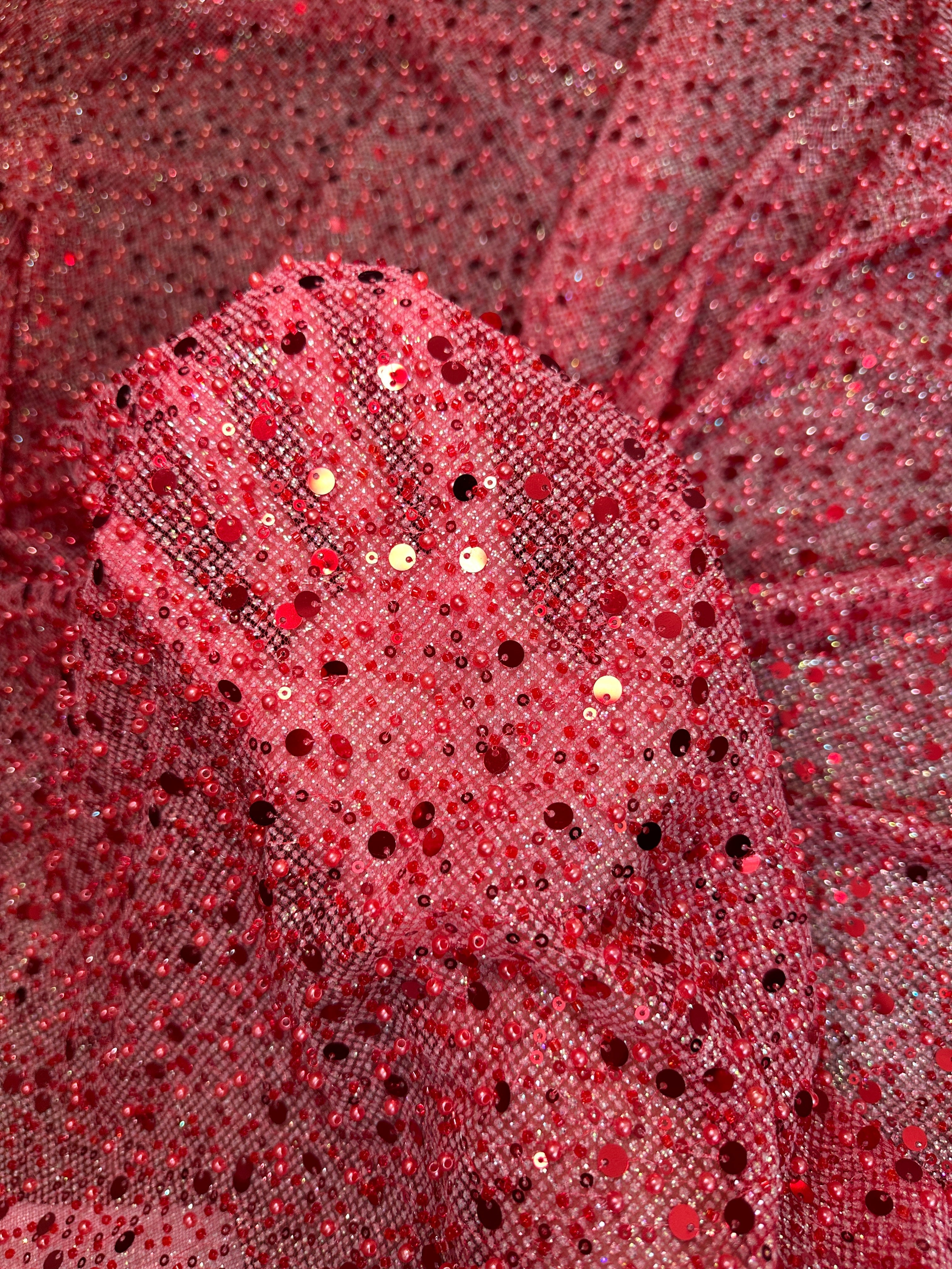 Red Sequin Pearl Beaded Mesh, Fabric Store, Sewing Store, Cheap Fabric Store, Kiki Textiles, Textile by the Yard