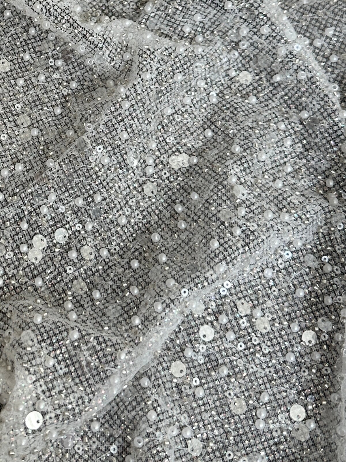 Off White Sequin Pearl Beaded Mesh, Sequin on mesh, Pearl Beaded Mesh, beaded sequin on mesh, pearl beaded fabric, shimmering sequins