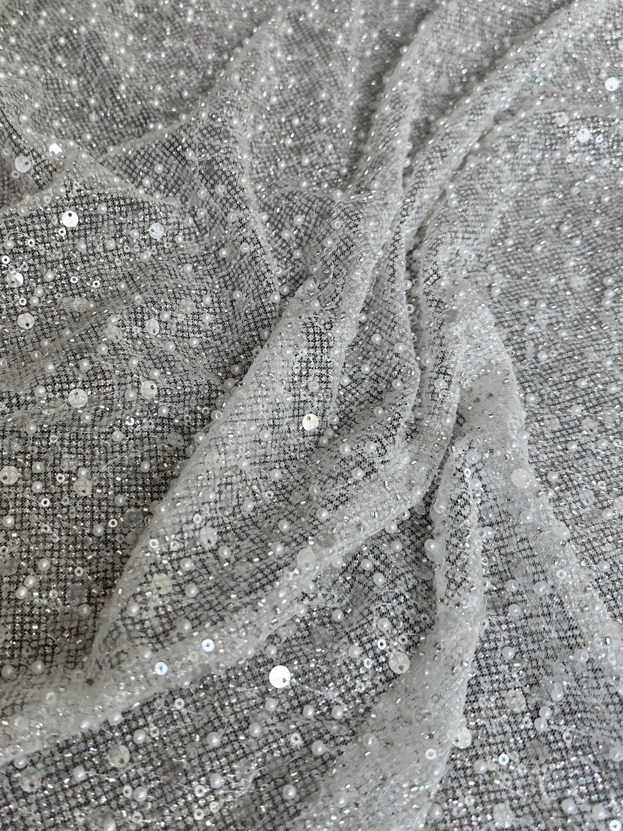 Off White Sequin Pearl Beaded Mesh, Sequin on mesh, Pearl Beaded Mesh, beaded sequin on mesh, pearl beaded fabric, shimmering sequins