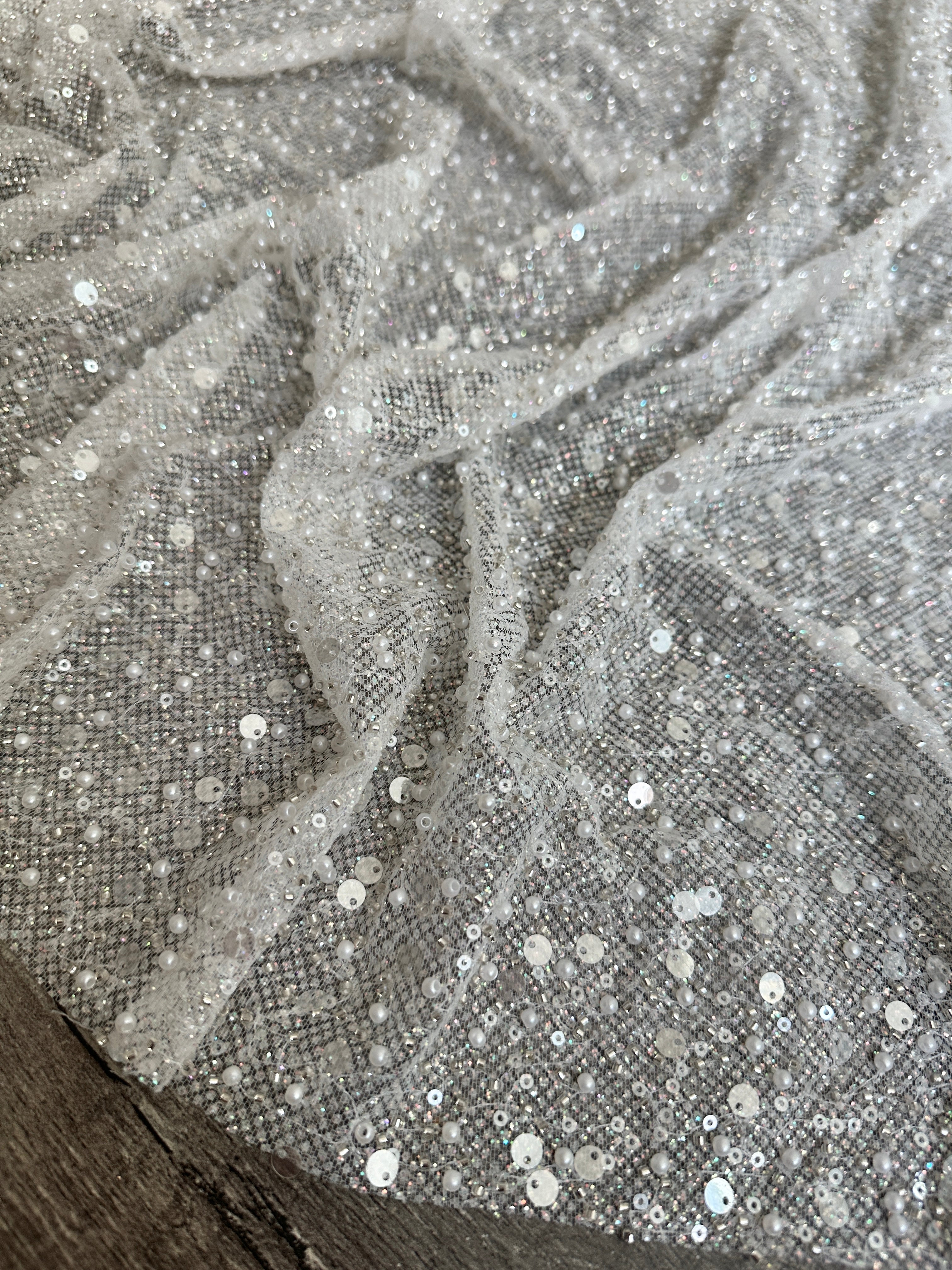 Off White Sequin Pearl Beaded Mesh, Sequin on mesh, Pearl Beaded Mesh, beaded sequin on mesh, pearl beaded fabric, shimmering sequins