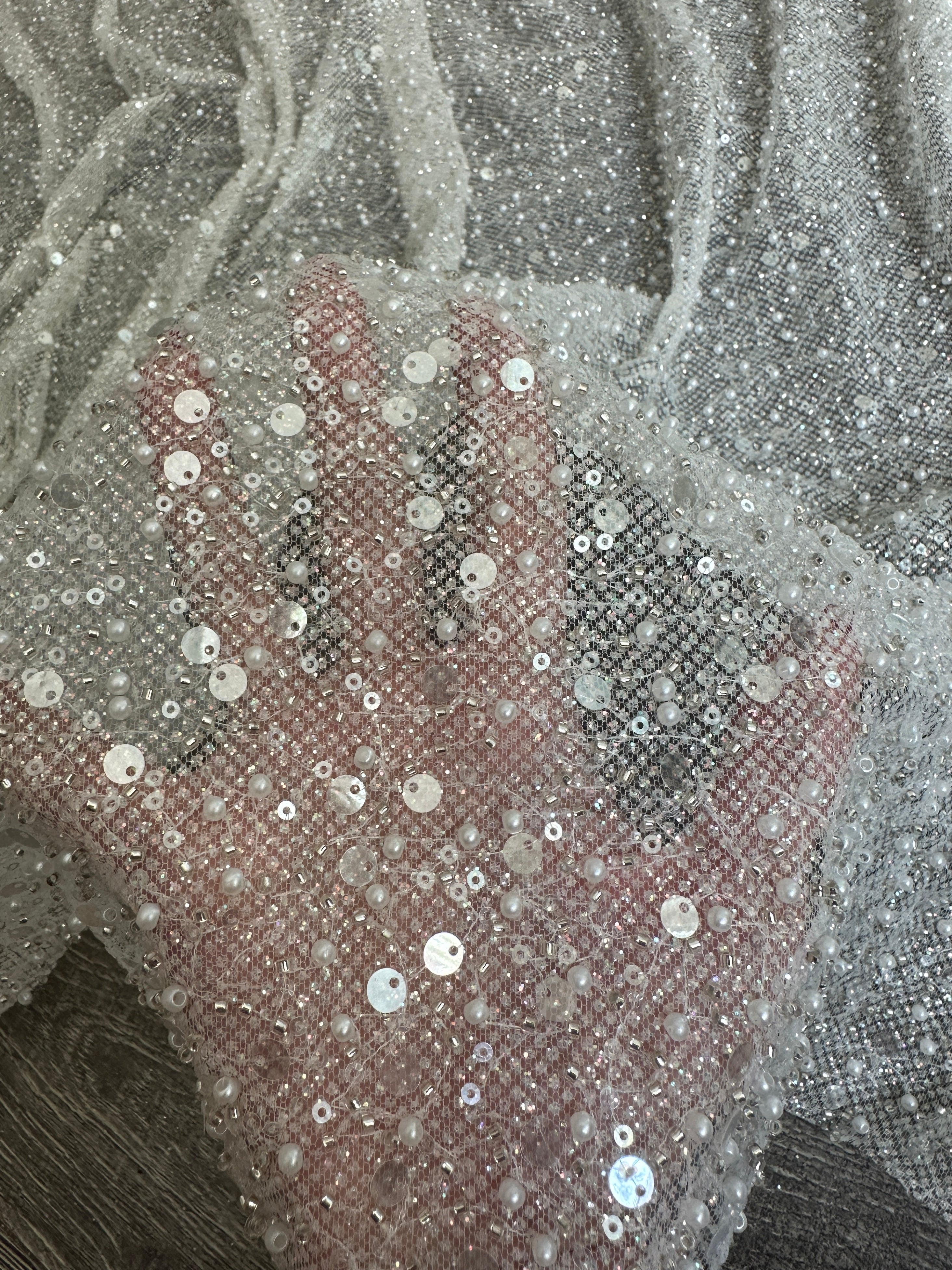 Off White Sequin Pearl Beaded Mesh, Fabric Store, Sewing Store, Cheap Fabric Store, Kiki Textiles, Textile by the Yard