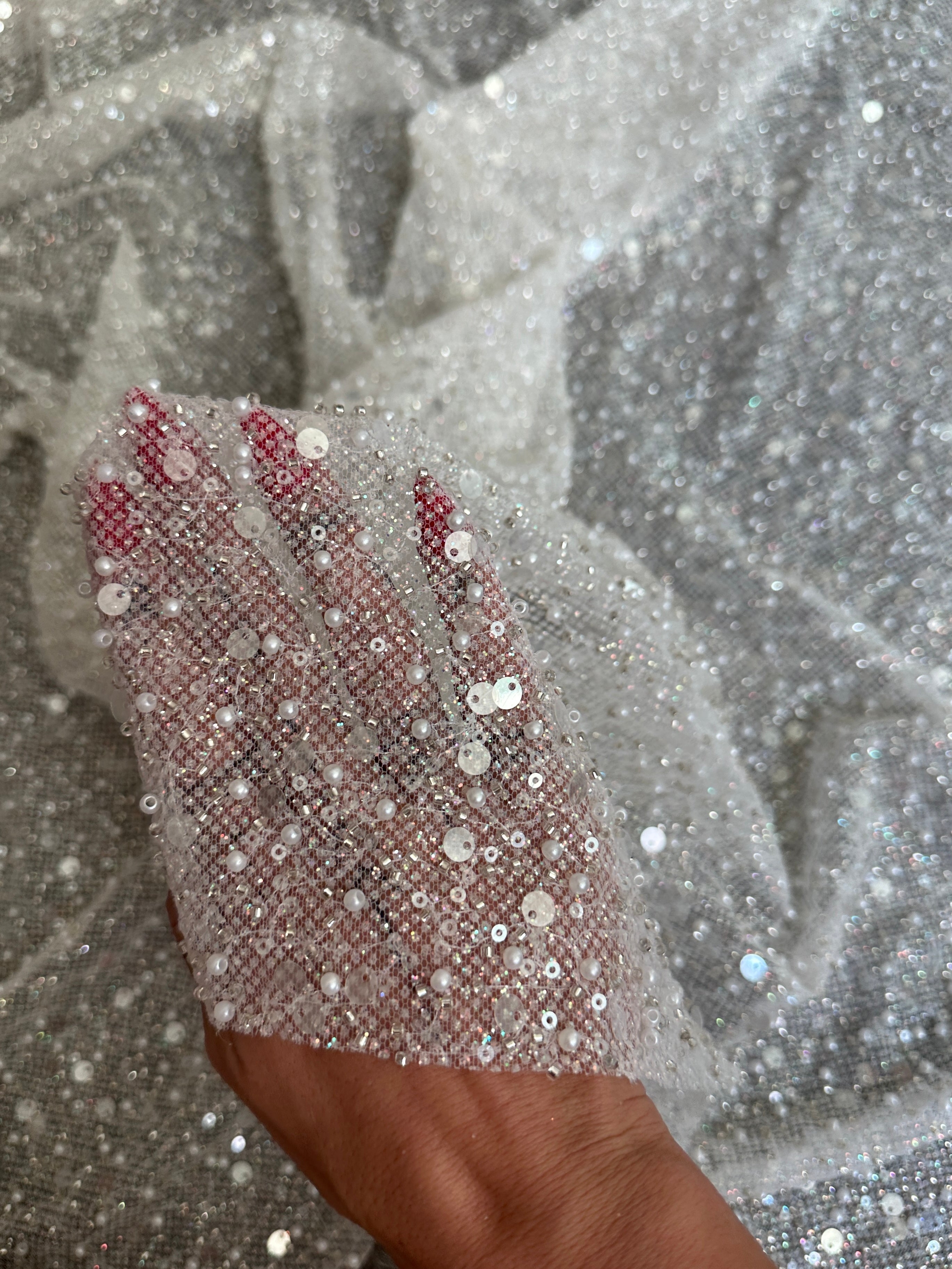 Off White Sequin Pearl Beaded Mesh, Fabric Store, Sewing Store, Cheap Fabric Store, Kiki Textiles, Textile by the Yard