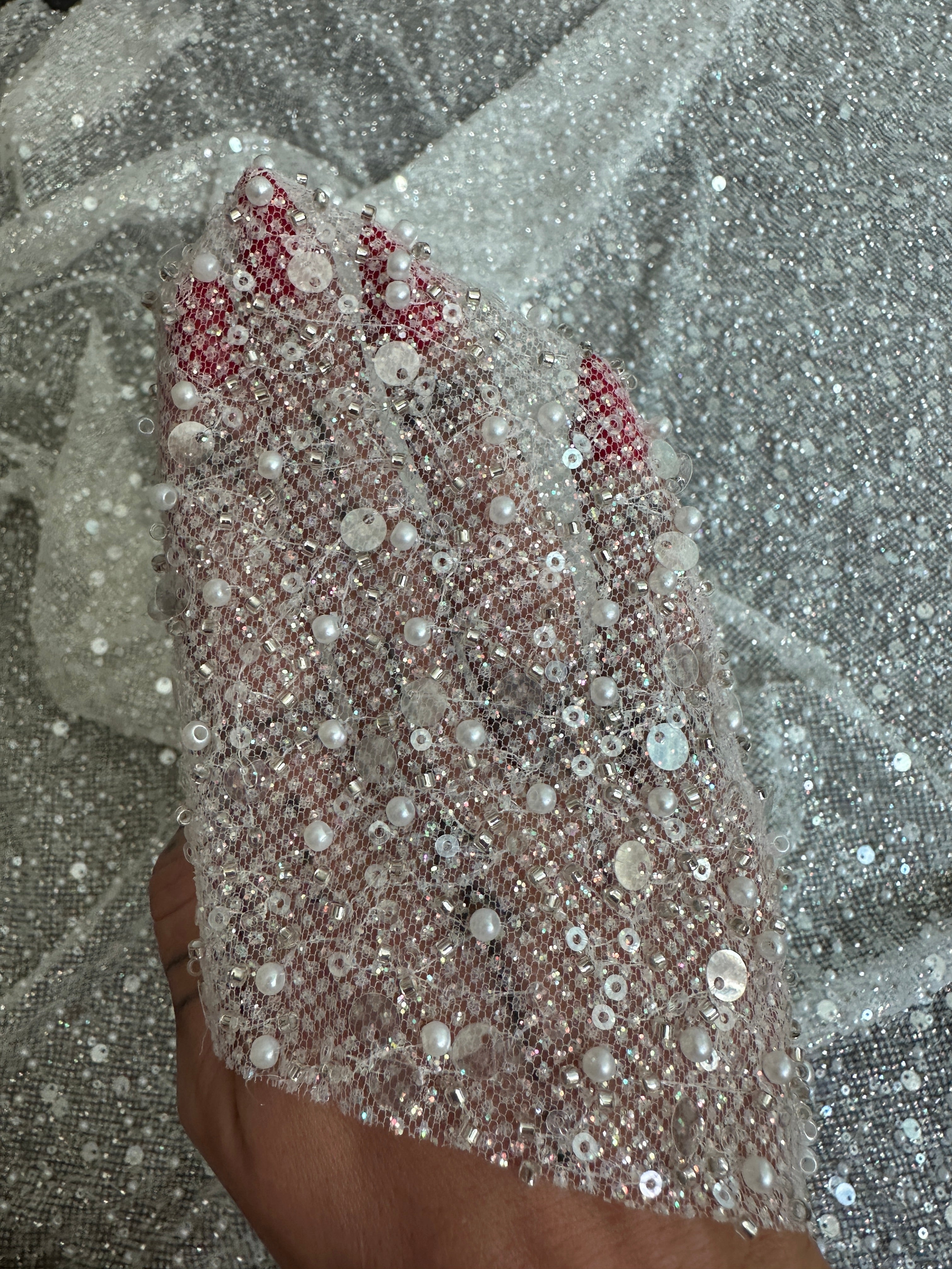 Off White Sequin Pearl Beaded Mesh, Fabric Store, Sewing Store, Cheap Fabric Store, Kiki Textiles, Textile by the Yard