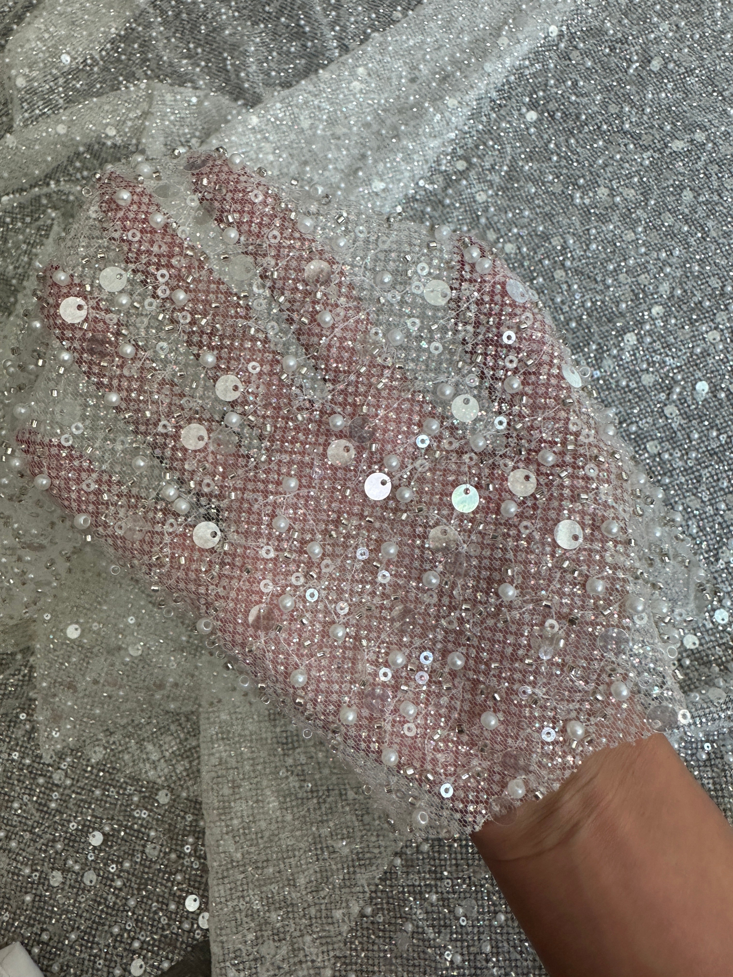 Off White Sequin Pearl Beaded Mesh, Fabric Store, Sewing Store, Cheap Fabric Store, Kiki Textiles, Textile by the Yard