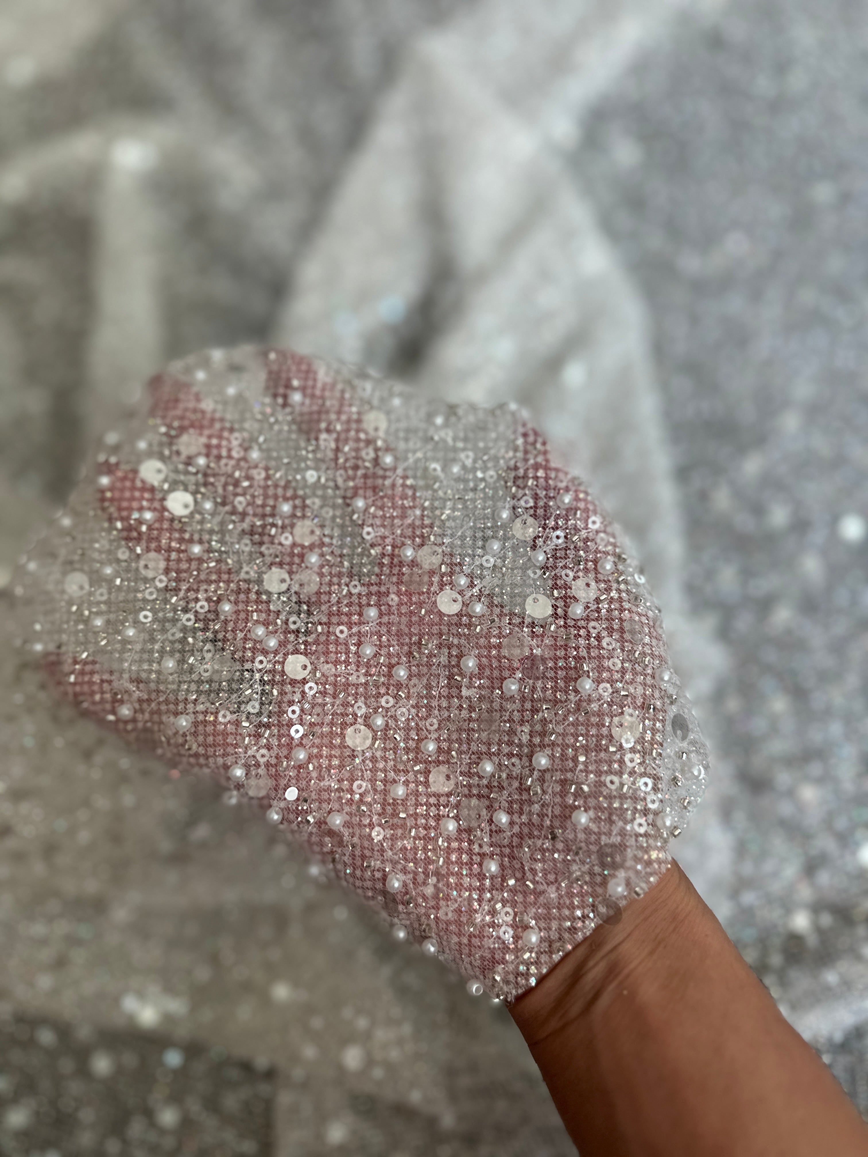 Off White Sequin Pearl Beaded Mesh, Sequin on mesh, Pearl Beaded Mesh, beaded sequin on mesh, pearl beaded fabric, shimmering sequins