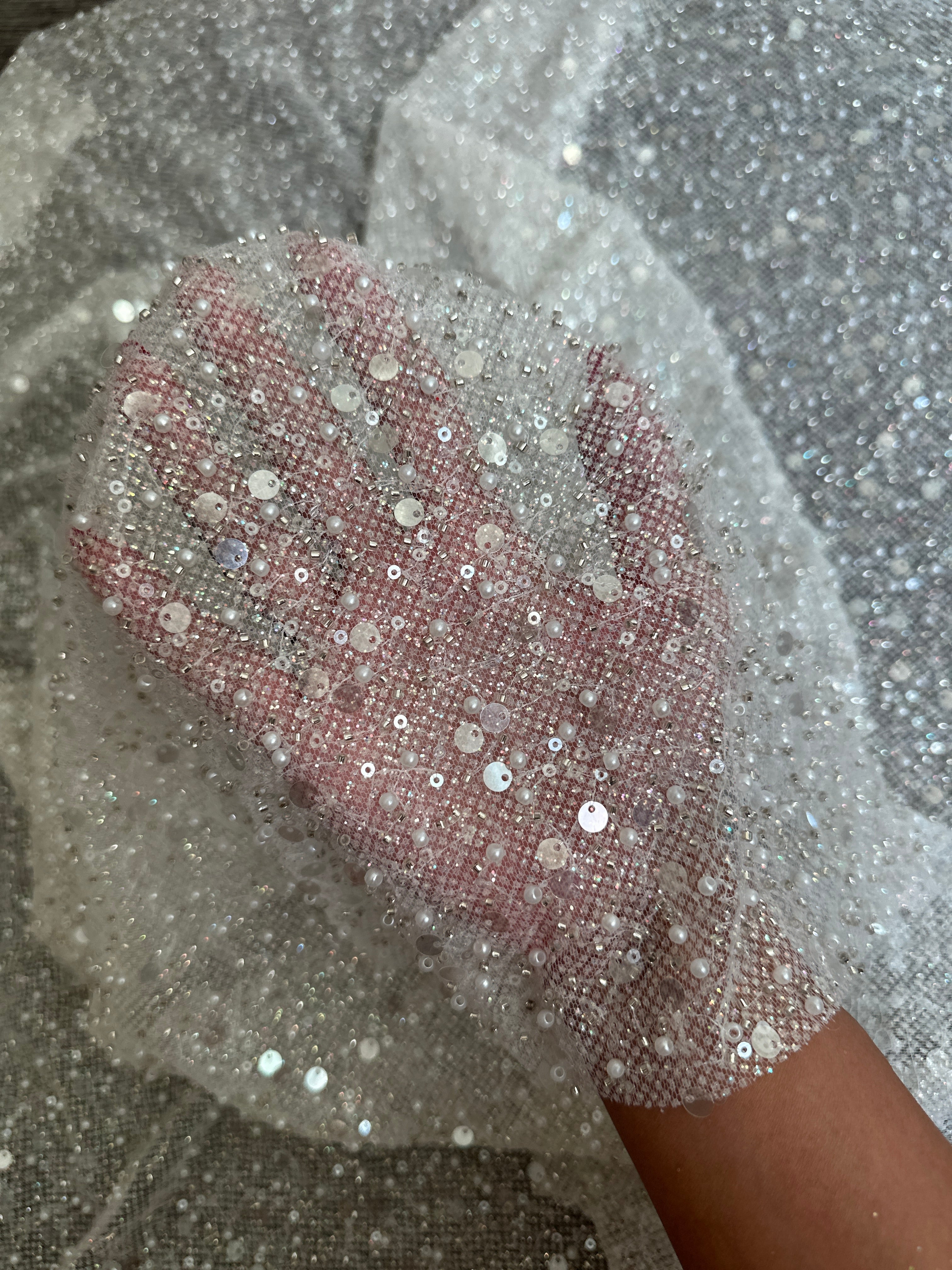 Off White Sequin Pearl Beaded Mesh, Fabric Store, Sewing Store, Cheap Fabric Store, Kiki Textiles, Textile by the Yard