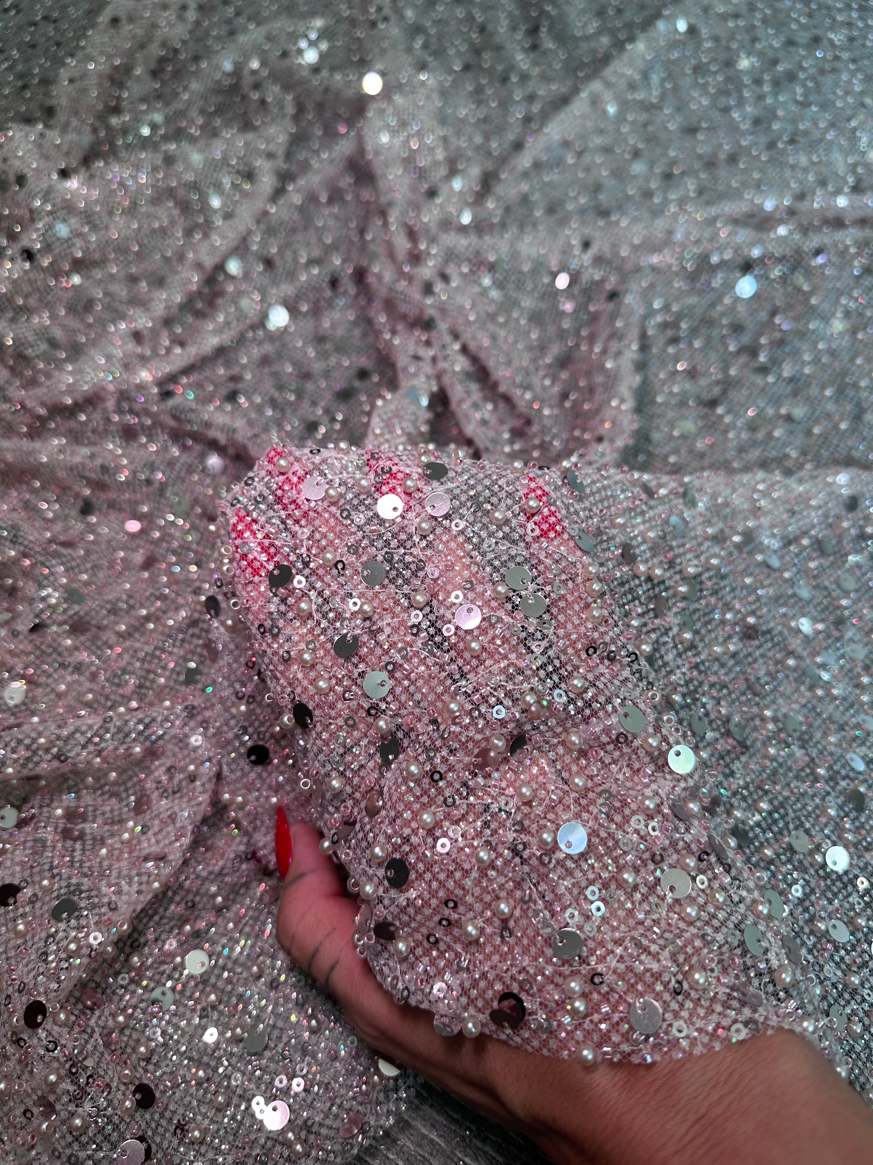 Mauve Sequin Pearl Beaded Mesh, Sequin on mesh, Pearl Beaded Mesh, beaded sequin on mesh, pearl beaded fabric, shimmering sequins