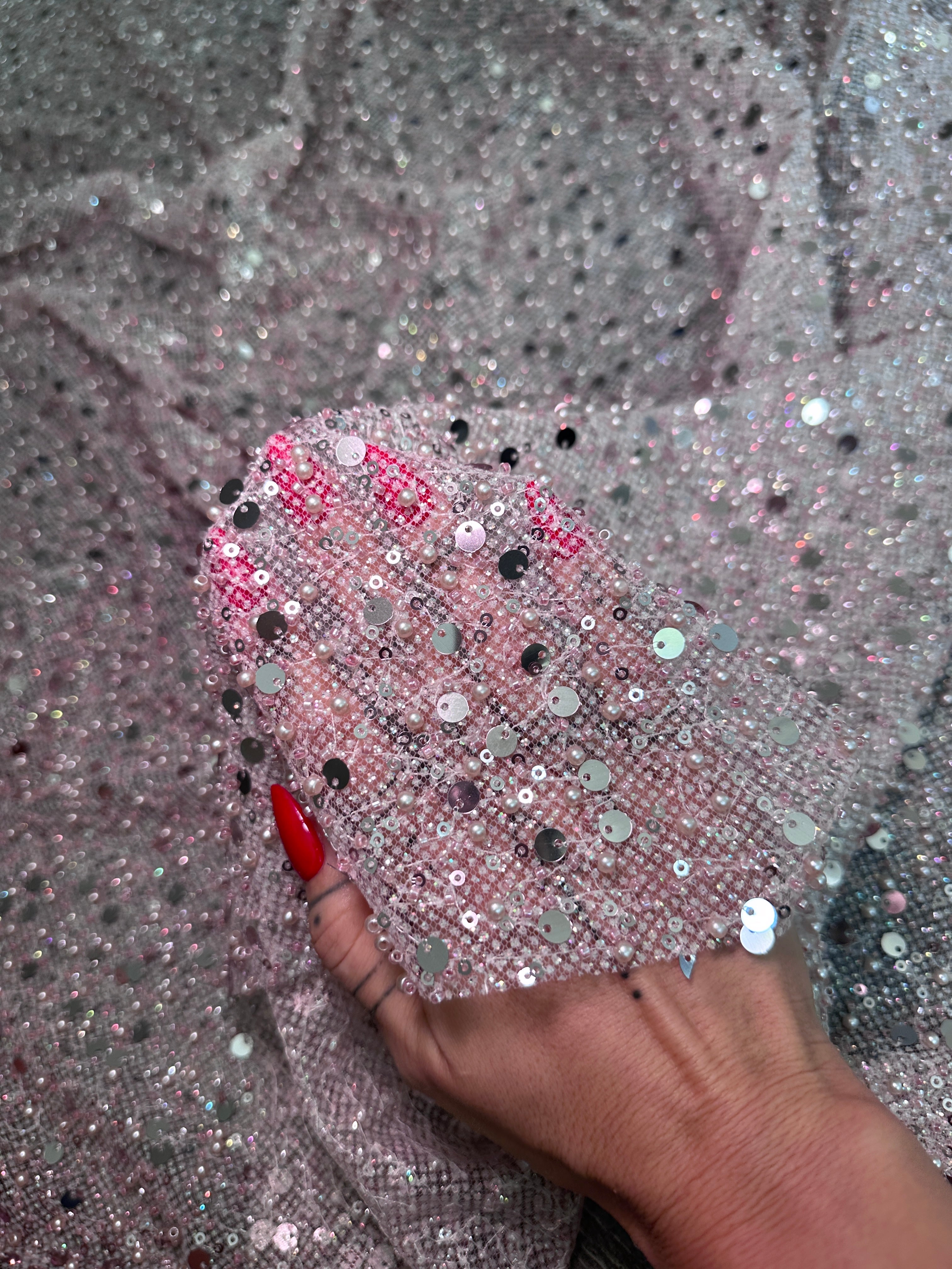 Mauve Sequin Pearl Beaded Mesh, Fabric Store, Sewing Store, Cheap Fabric Store, Kiki Textiles, Textile by the Yard