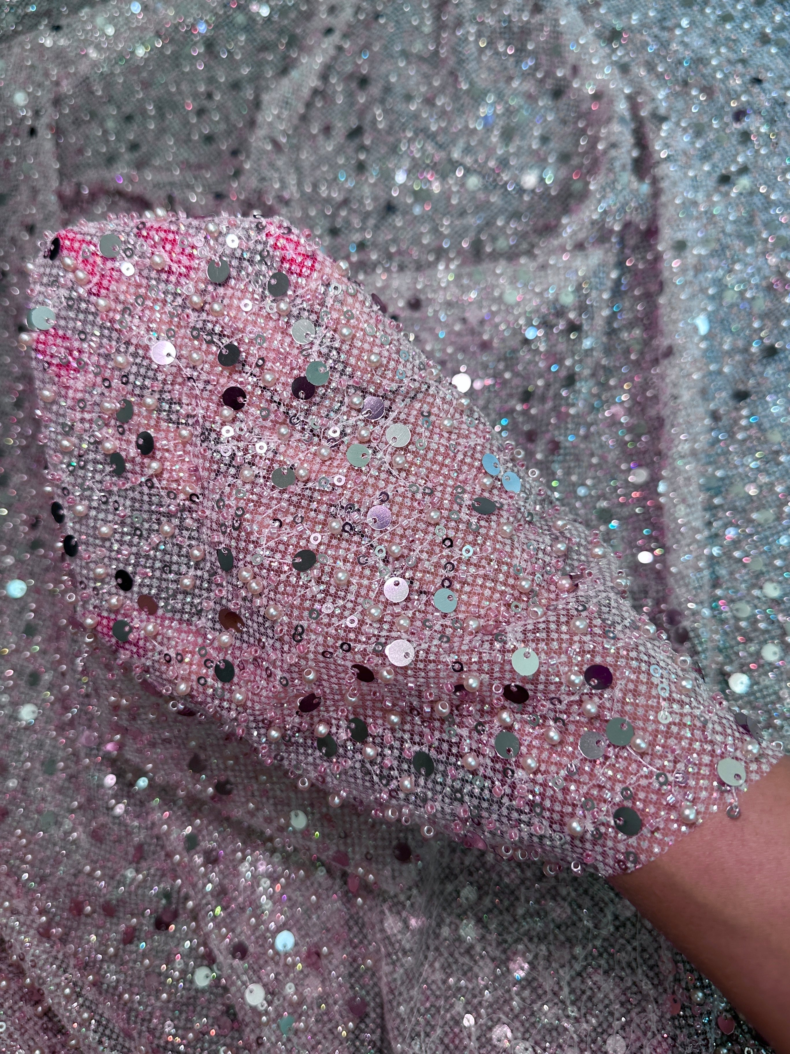 Mauve Sequin Pearl Beaded Mesh, Fabric Store, Sewing Store, Cheap Fabric Store, Kiki Textiles, Textile by the Yard
