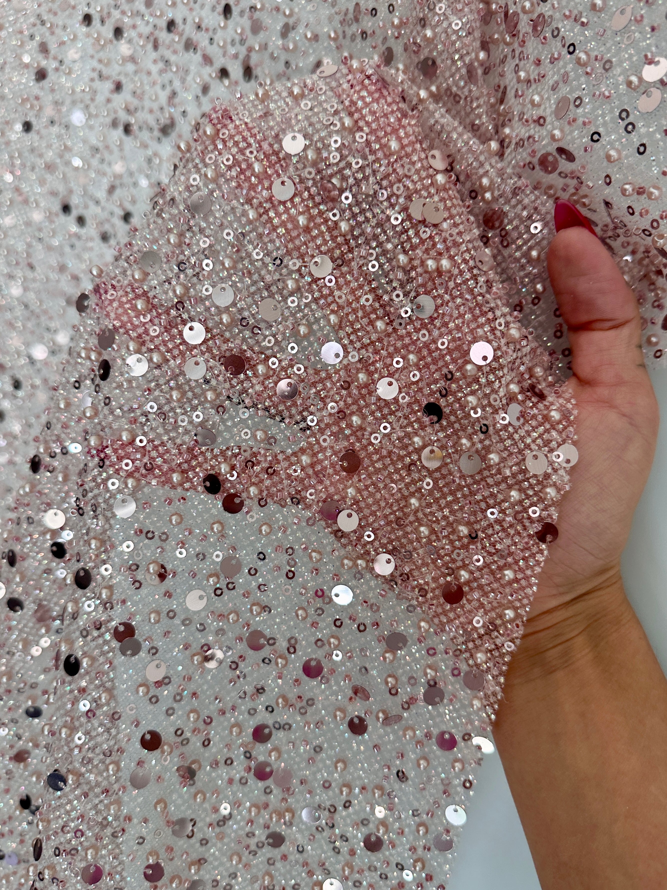 Blush Pink Sequin Pearl Beaded Mesh, Sequin on mesh, Pearl Beaded Mesh, beaded sequin on mesh, pearl beaded fabric, shimmering sequins