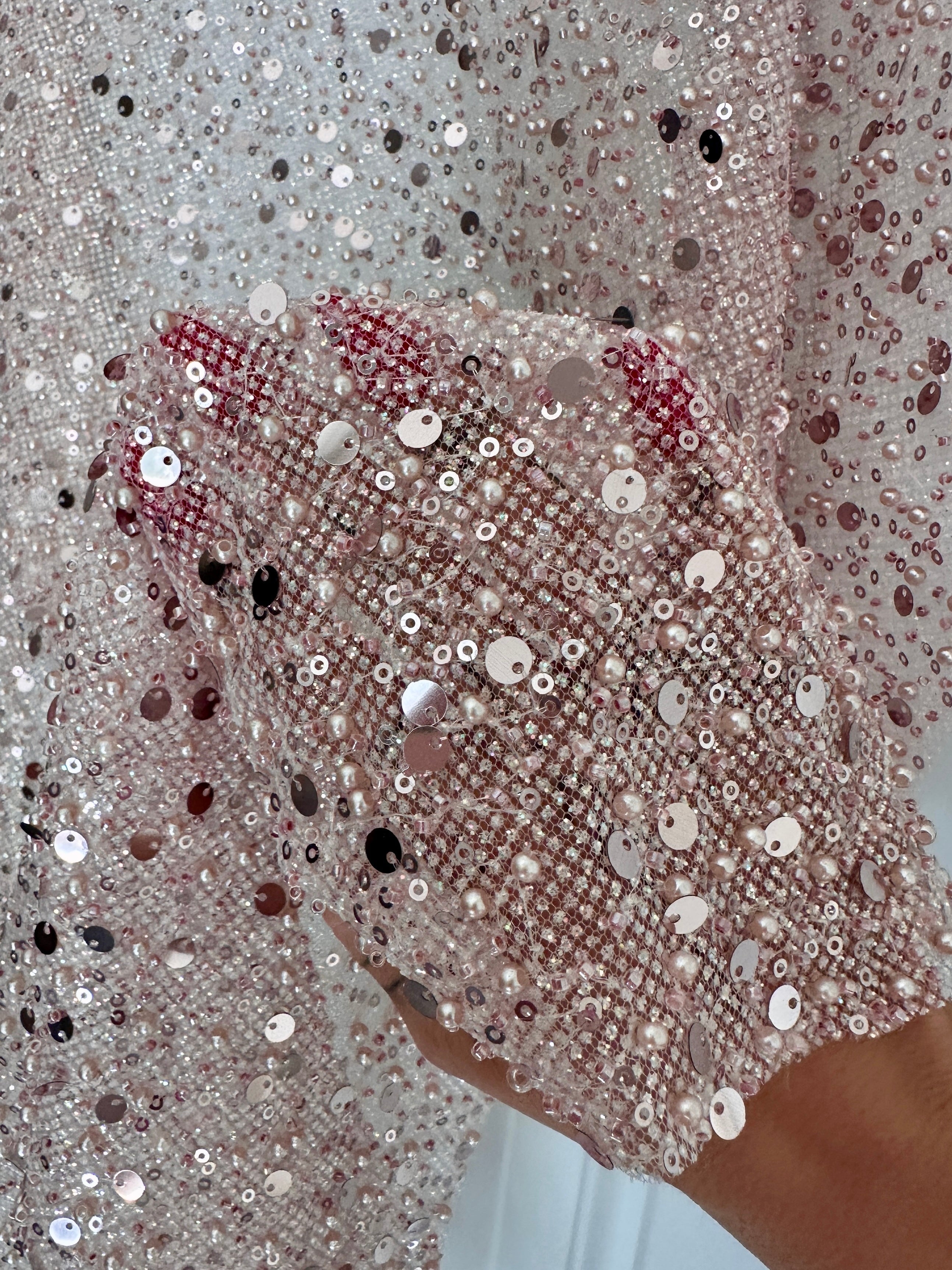 Blush Pink Sequin Pearl Beaded Mesh, Fabric Store, Sewing Store, Cheap Fabric Store, Kiki Textiles, Textile by the Yard