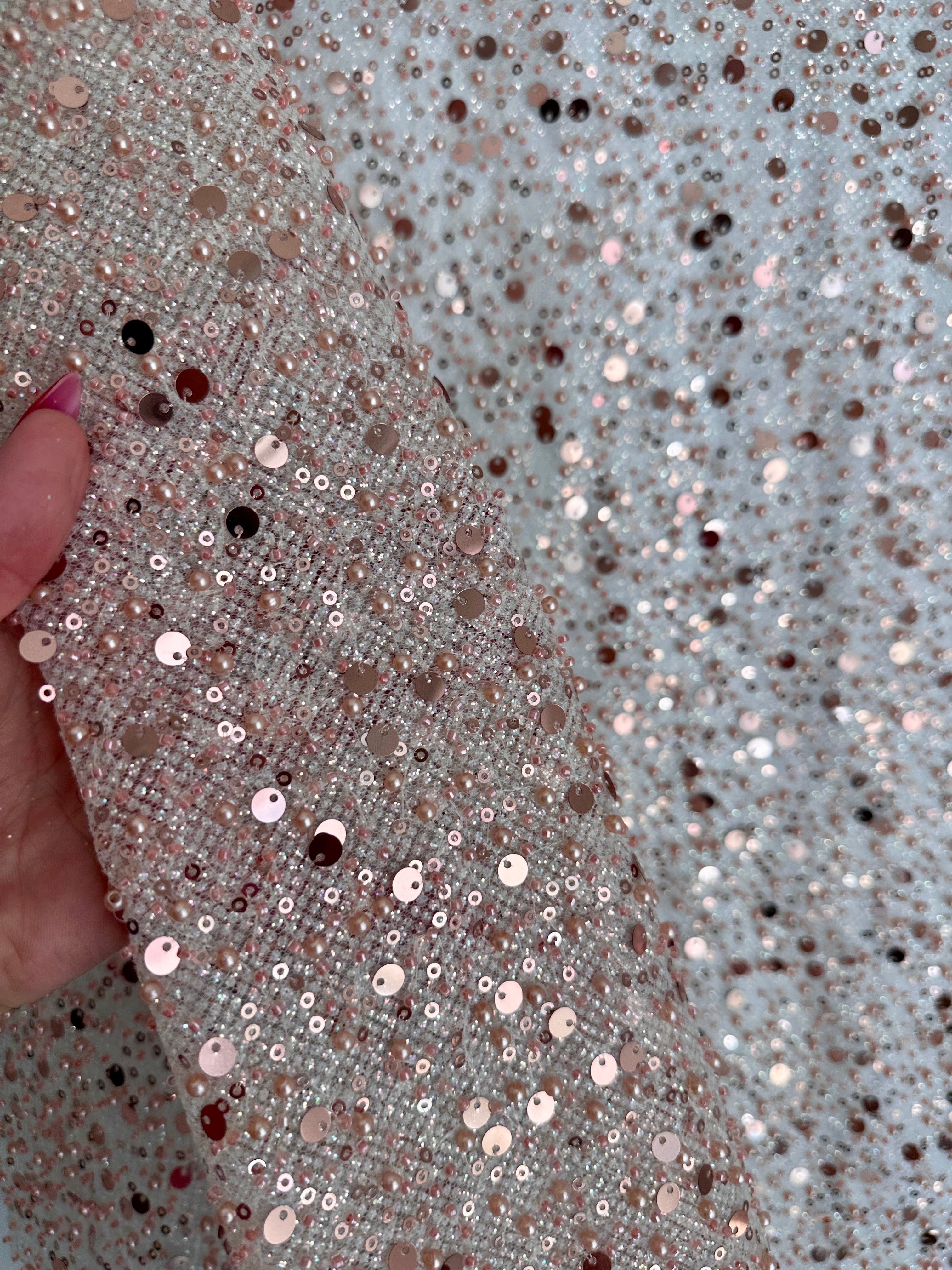 Blush Pink Sequin Pearl Beaded Mesh, Sequin on mesh, Pearl Beaded Mesh, beaded sequin on mesh, pearl beaded fabric, shimmering sequins