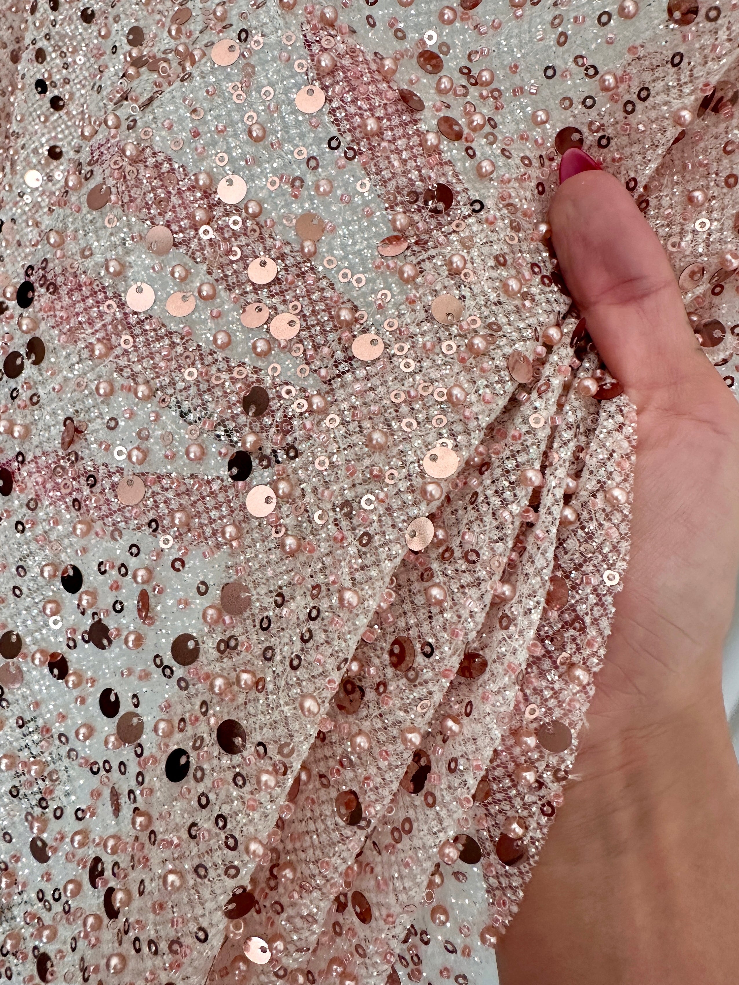 Blush Pink Sequin Pearl Beaded Mesh, Sequin on mesh, Pearl Beaded Mesh, beaded sequin on mesh, pearl beaded fabric, shimmering sequins