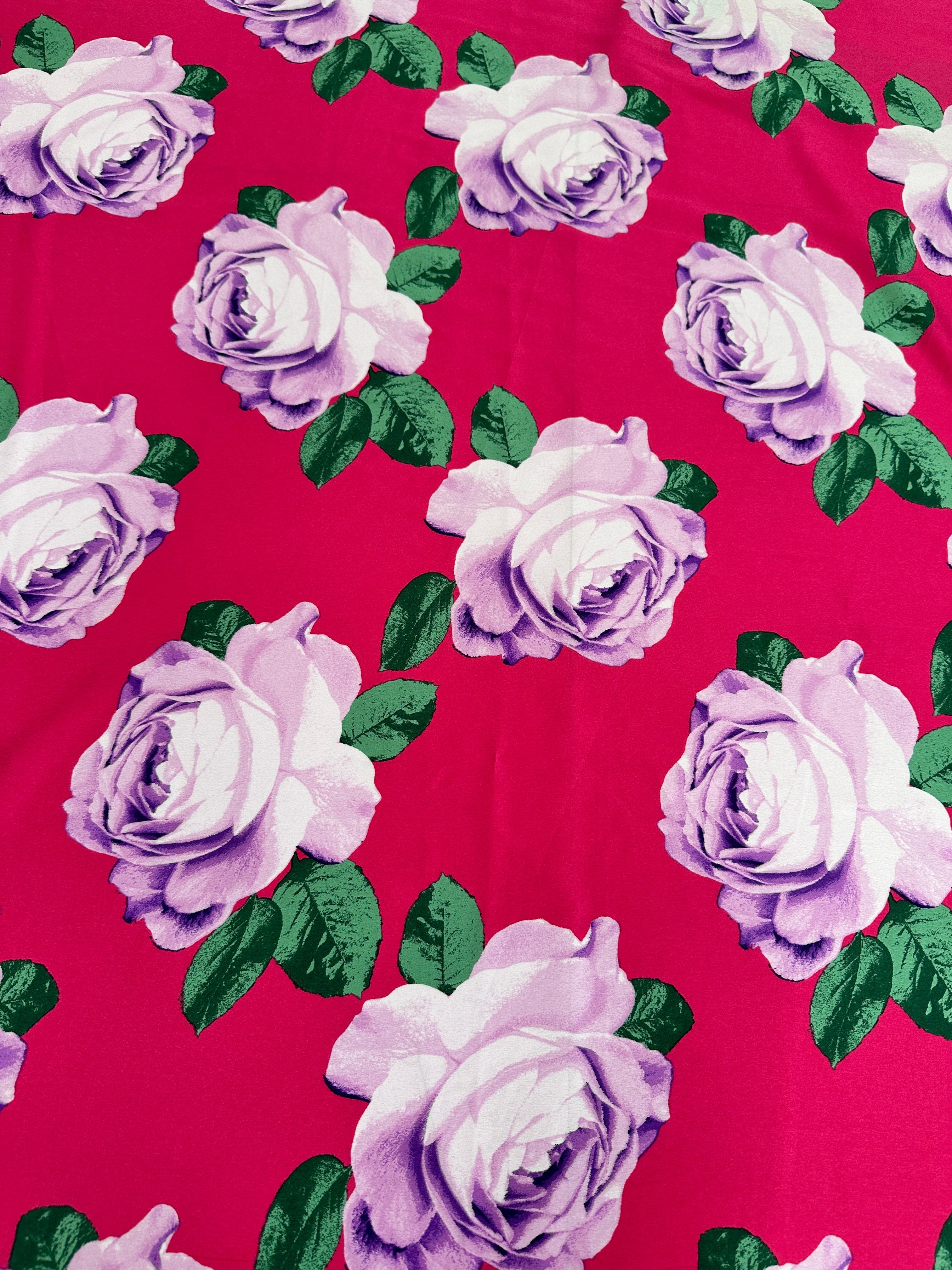 Fuchsia/Lavender Floral Print Satin, Shop Fabrics Online, Sewing, Fabric Store, Sewing Store, Cheap Fabric Store, Kiki Textiles, Textile by the Yard
