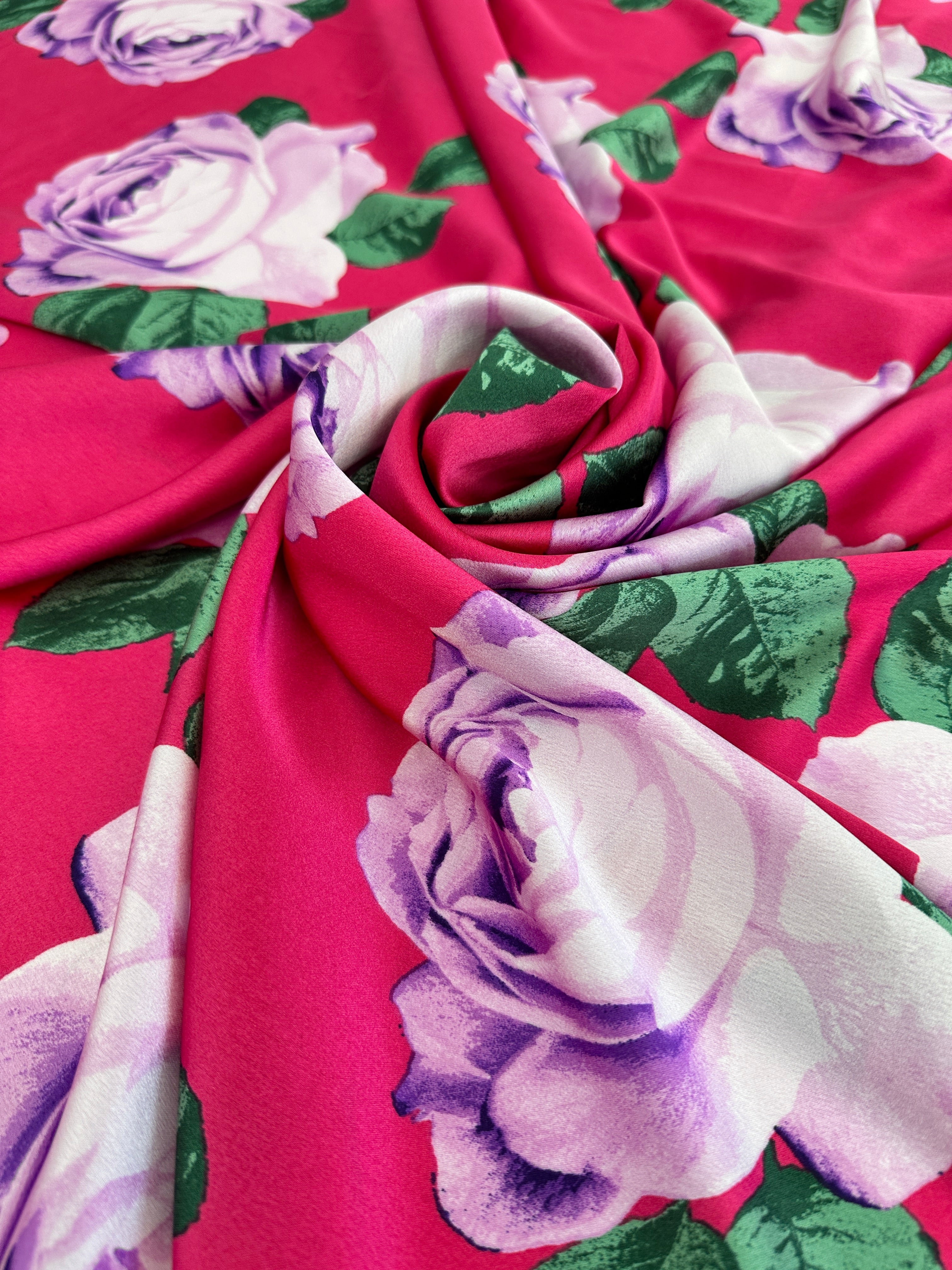 Fuchsia/Lavender Floral Print Satin, Shop Fabrics Online, Sewing, Fabric Store, Sewing Store, Cheap Fabric Store, Kiki Textiles, Textile by the Yard
