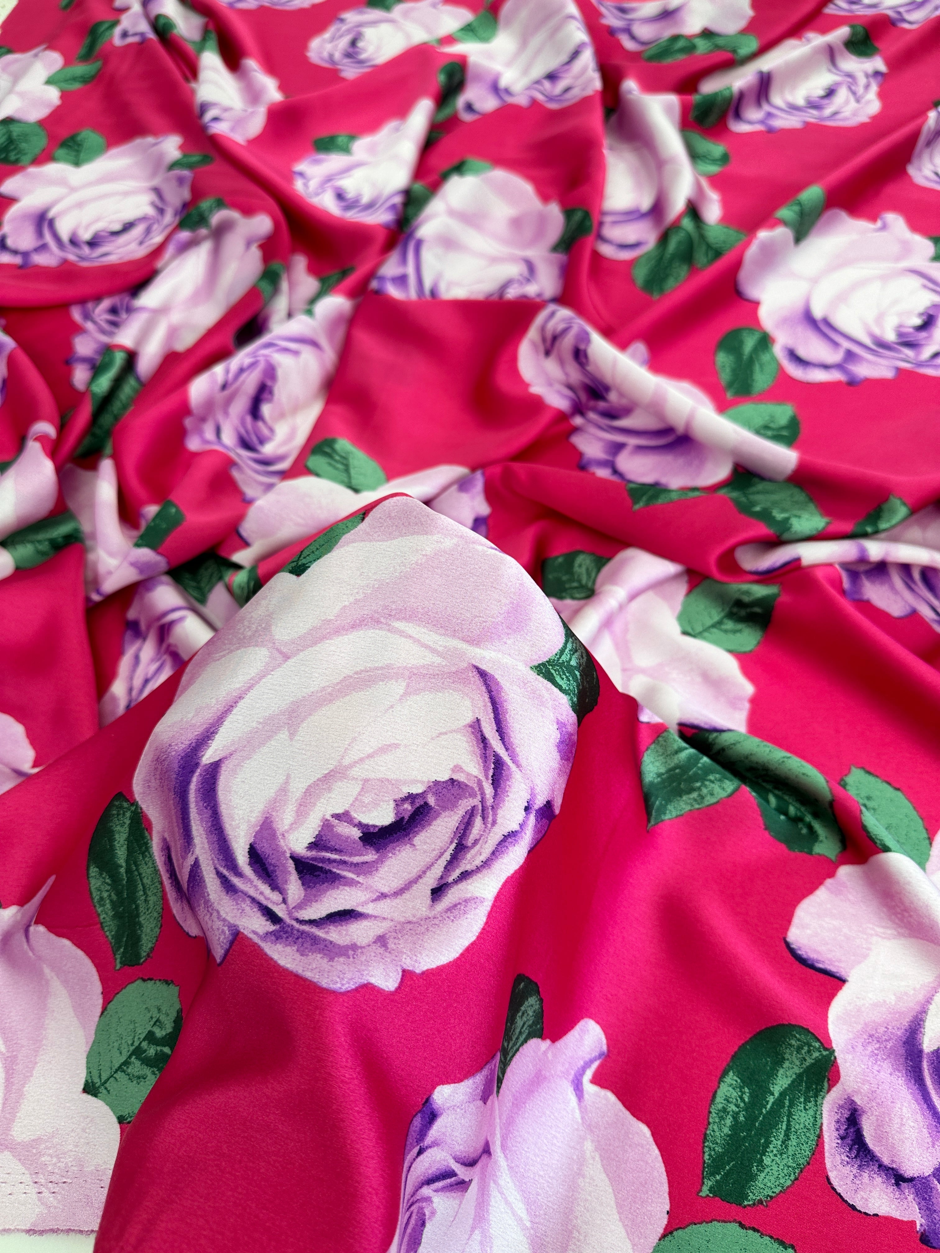 Fuchsia/Lavender Floral Print Satin, Shop Fabrics Online, Sewing, Fabric Store, Sewing Store, Cheap Fabric Store, Kiki Textiles, Textile by the Yard