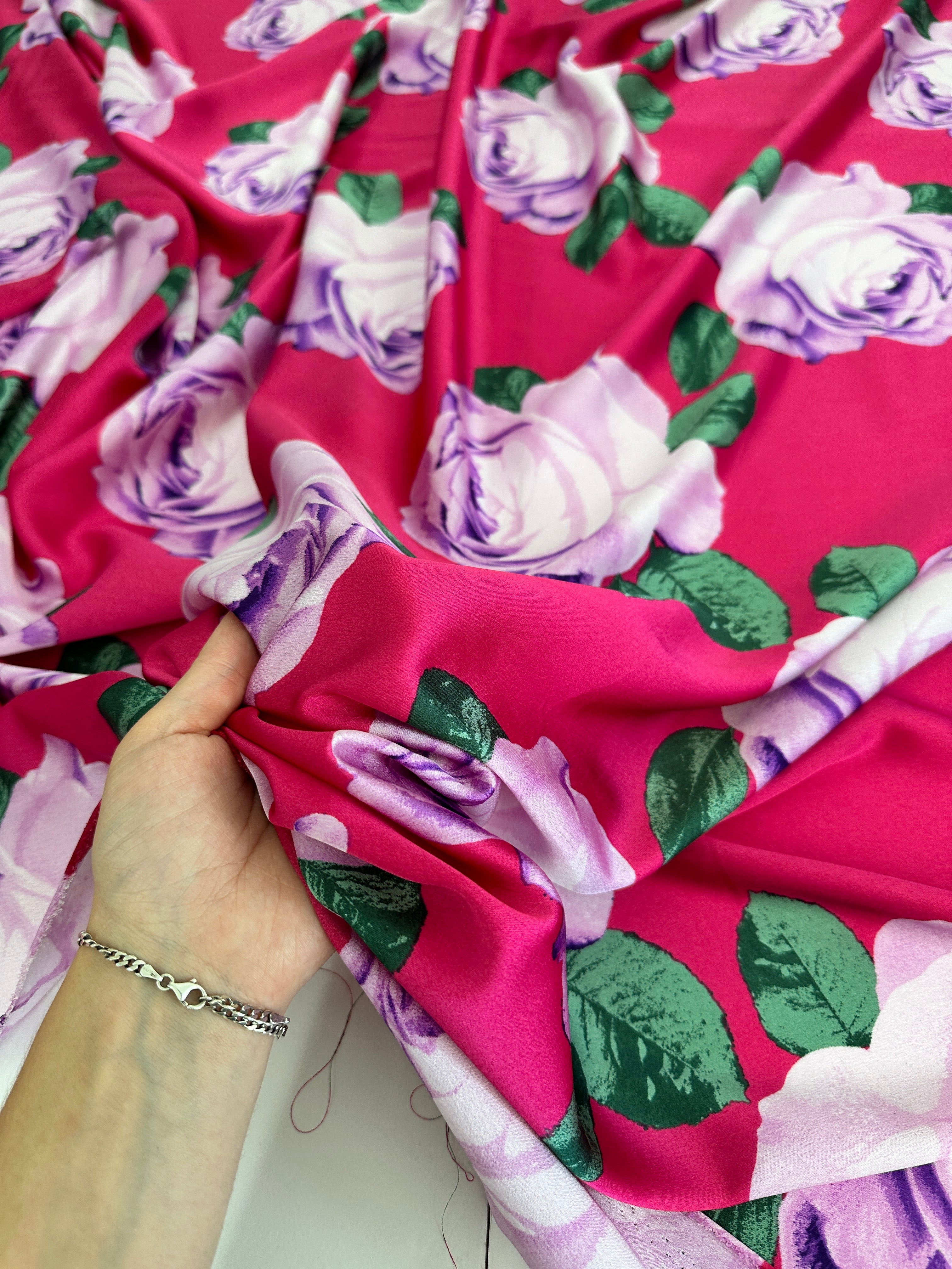 Fuchsia/Lavender Floral Print Satin, Luxury Satin, Printed Satin, Premium Satin, Satin for Bride, Satin for Women, Satin in Low Price, Cheap Satin, Satin on Sale