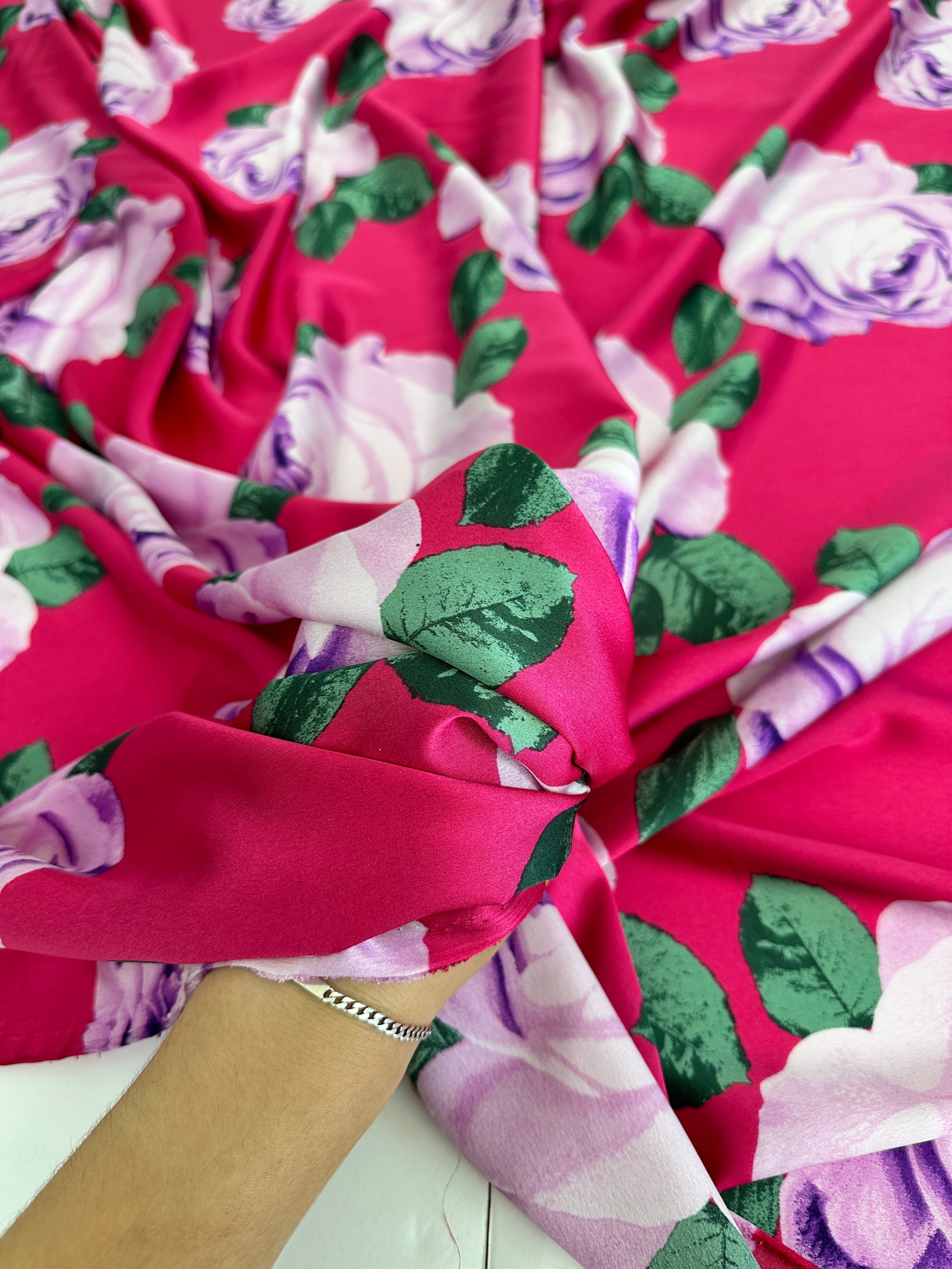 Fuchsia/Lavender Floral Print Satin, Shop Fabrics Online, Sewing, Fabric Store, Sewing Store, Cheap Fabric Store, Kiki Textiles, Textile by the Yard