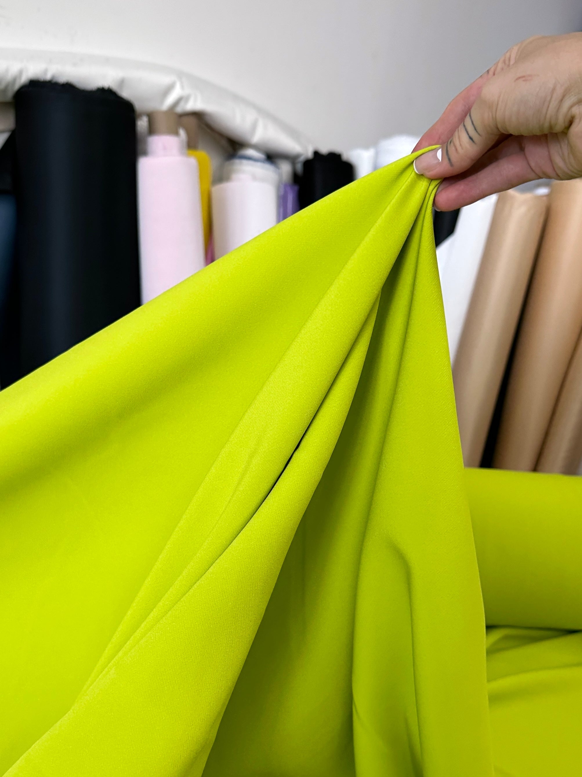 apple green stretch crepe, green Stretch Crepe, light green stretch crepe, dark green stretch crepe, stretch crepe for woman, stretch crepe for bride,  crepe on discount, crepe in low price, crepe on sale, premium crepe, solid crepe, crepe, crepe fabric