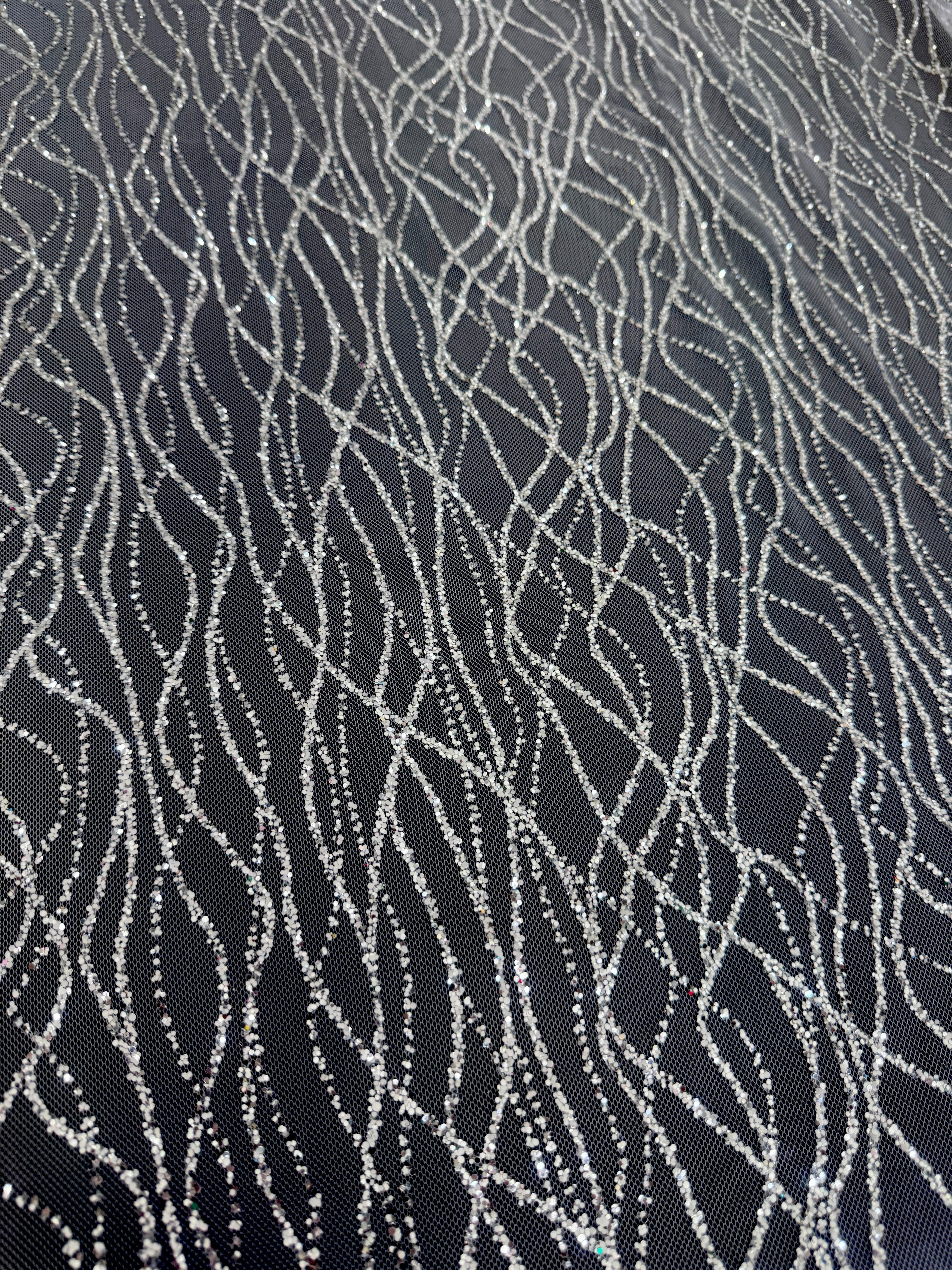 Silver Glitter Lace on Mesh, shop fabrics online, sewing, fabric store, sewing store, cheap fabric store, kiki textiles, textile by the yard