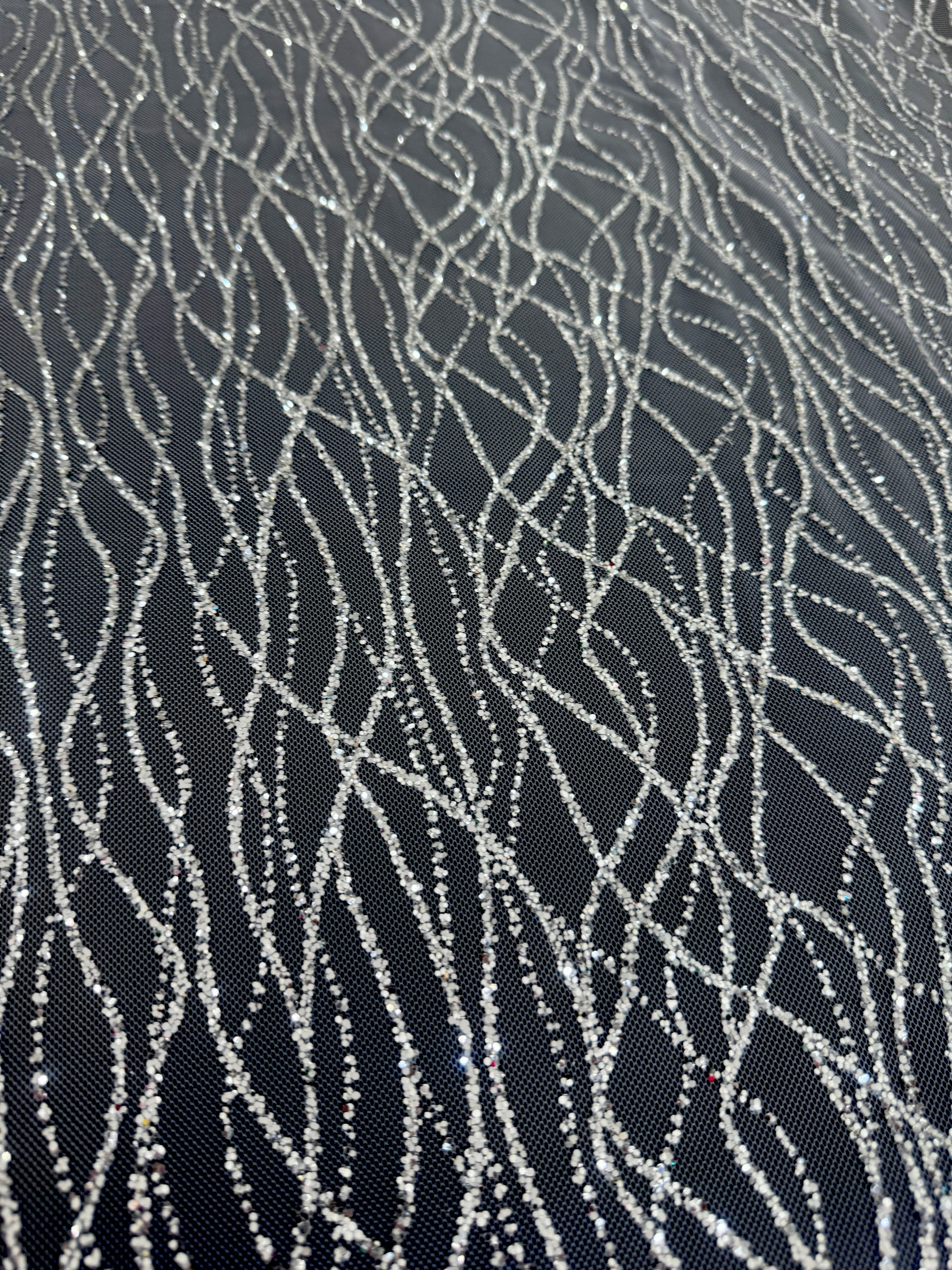 Silver Glitter Lace on Mesh, shop fabrics online, sewing, fabric store, sewing store, cheap fabric store, kiki textiles, textile by the yard
