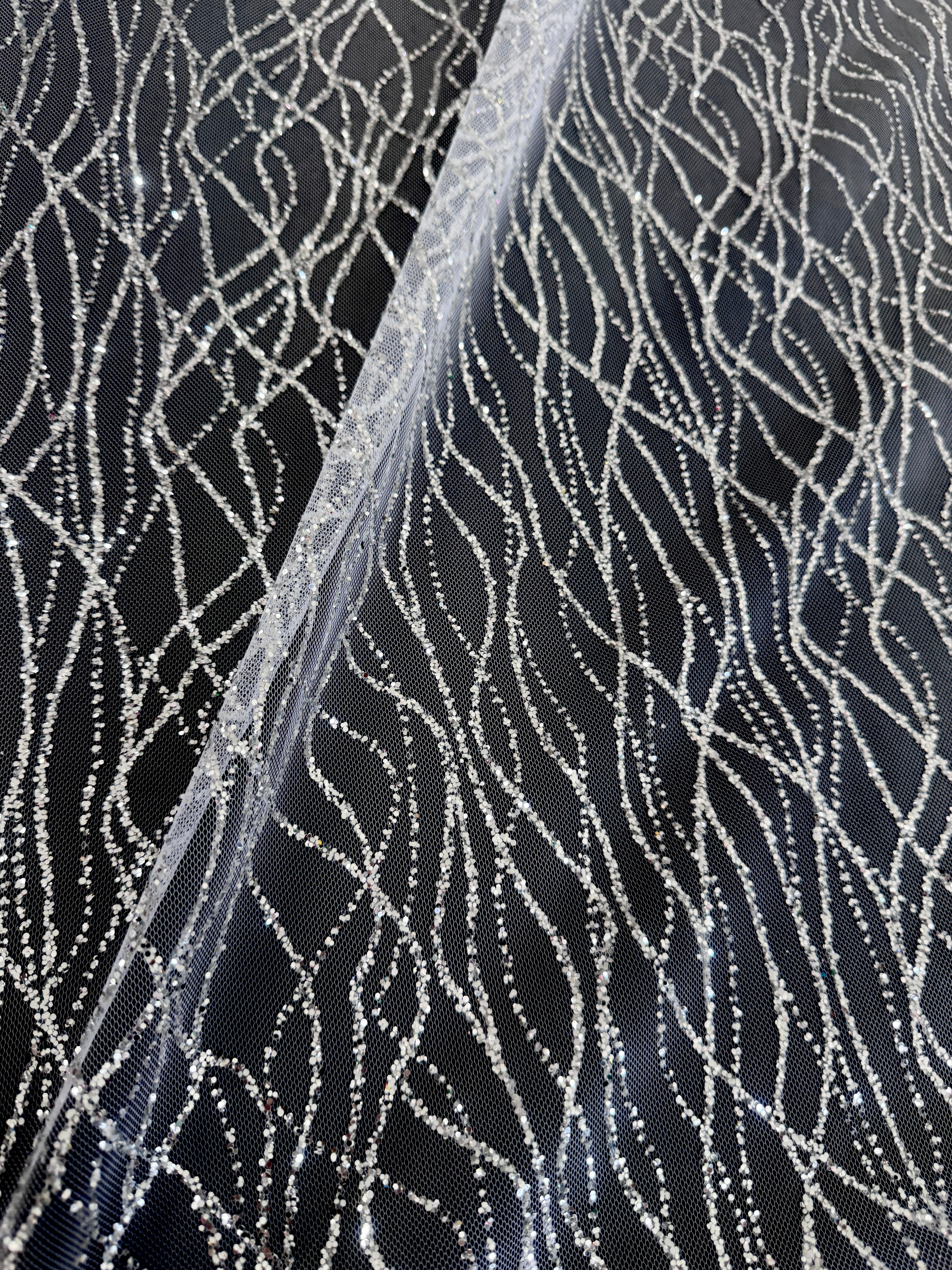 Silver Glitter Lace on Mesh, shop fabrics online, sewing, fabric store, sewing store, cheap fabric store, kiki textiles, textile by the yard