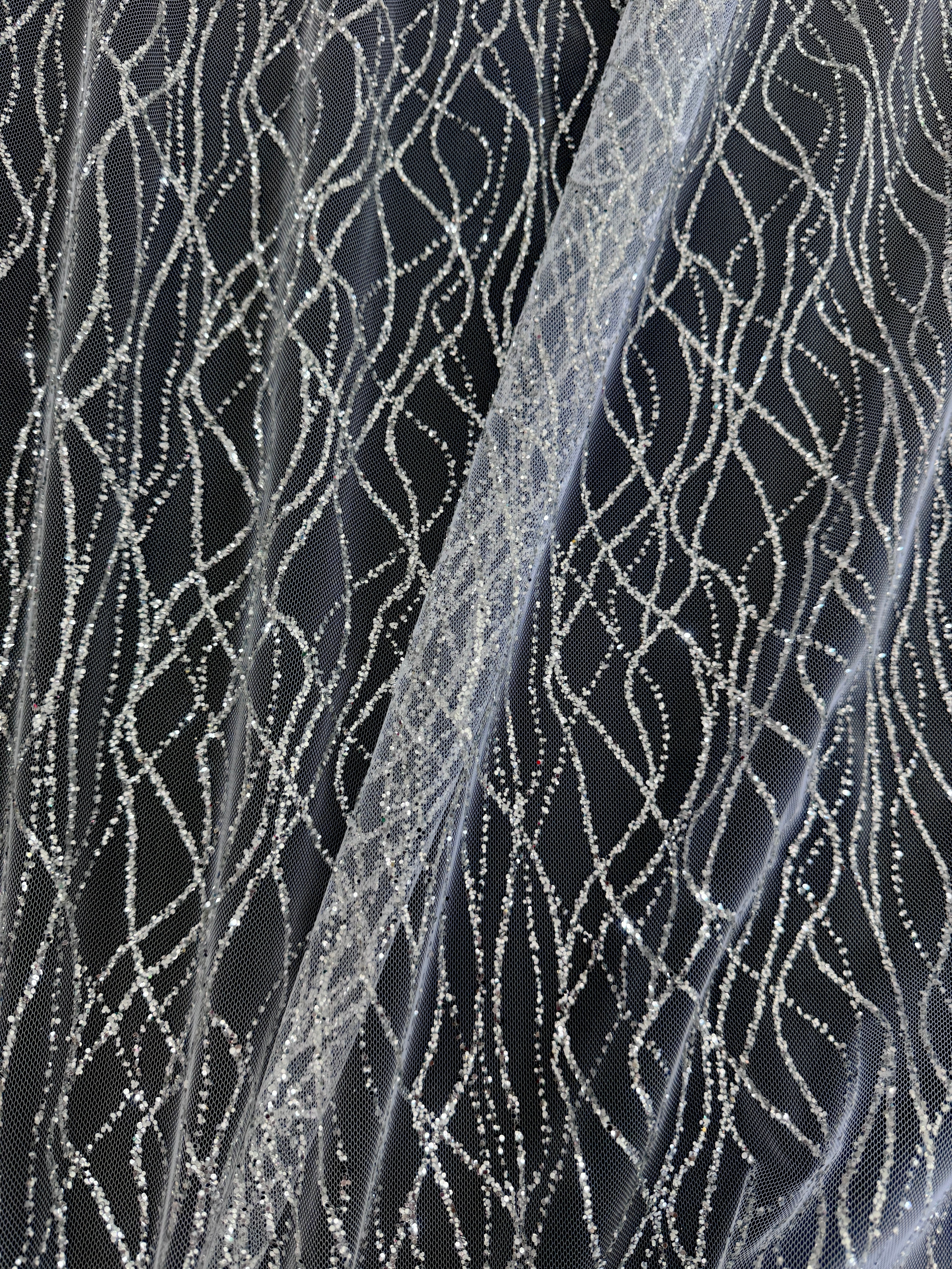 Silver Glitter Lace on Mesh, Silver Mesh, Nylon lace mesh, lace mesh for woman, lace mesh for bride, lace mesh on sale, lace mesh on discount
