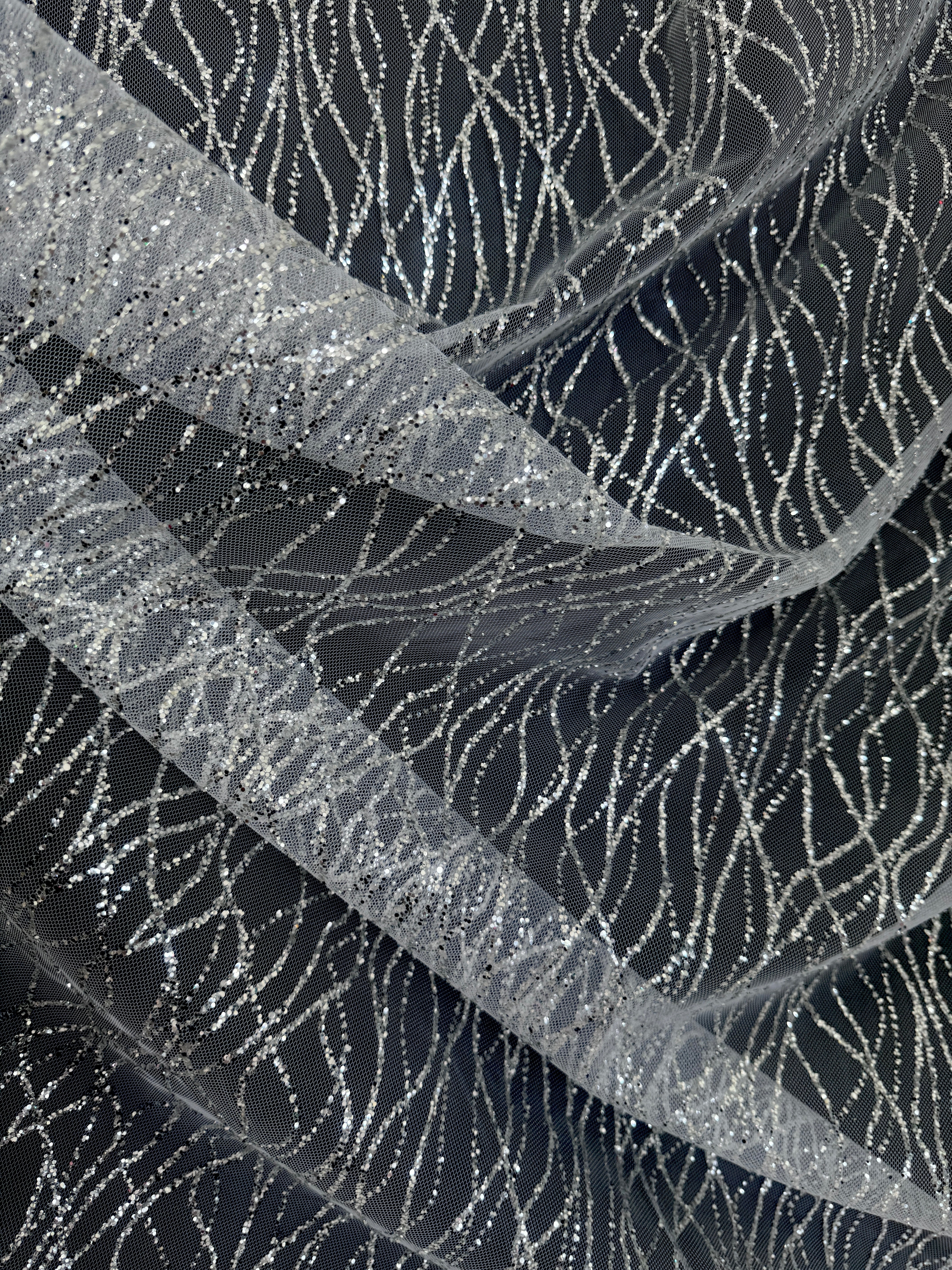 Silver Glitter Lace on Mesh, shop fabrics online, sewing, fabric store, sewing store, cheap fabric store, kiki textiles, textile by the yard